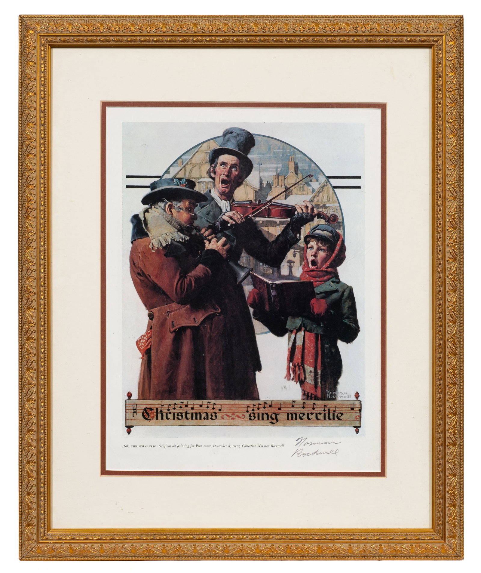 Christmas Trio, Signed Norman Rockwell Print.: Artist(s): After a painting by Normal Rockwell (American, 1894-1978). Medium: Offset lithograph in colors. Signature(s): Signed in marker, lower right. Paperwork/Provenance: N/A Condition: Tear to