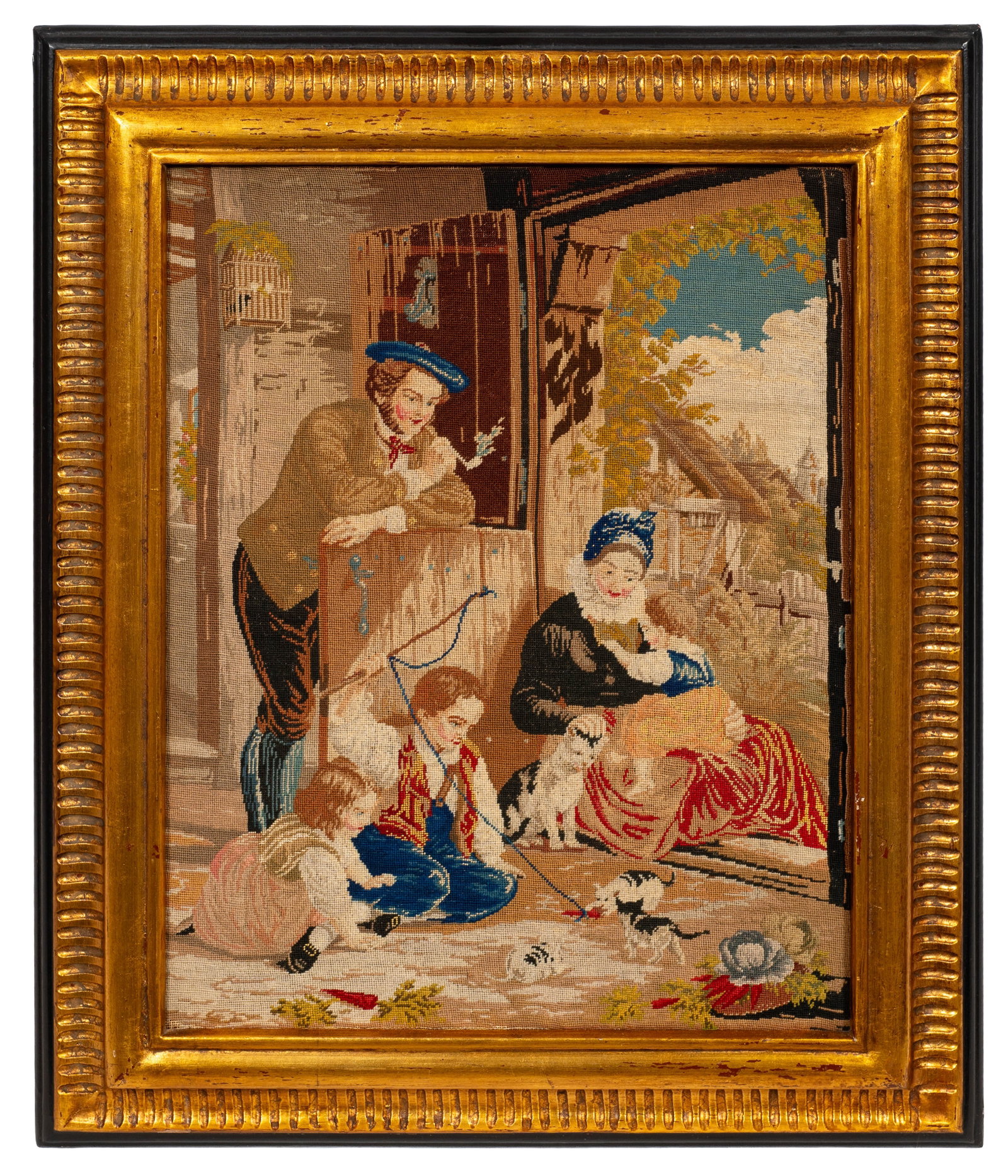 Old Framed Figural Needlepoint of Family.: Depicts a family playing with kittens. Paperwork/Provenance: N/A Condition: Good overall condition, with some thinning to the corners. Some paint loss to the frame. Measurement(s): 18 1/2" x 14 1/2"