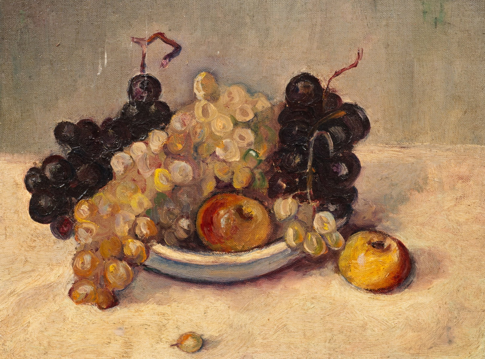 Antique Still Life Painting of Grapes, Unsigned.: Artist(s): Unknown. Medium: Oil painting on canvas board. Signature(s): Unsigned. Paperwork/Provenance: N/A Condition: Signs of age-related surface grime, and scuffs to the upper left of the work. Joi