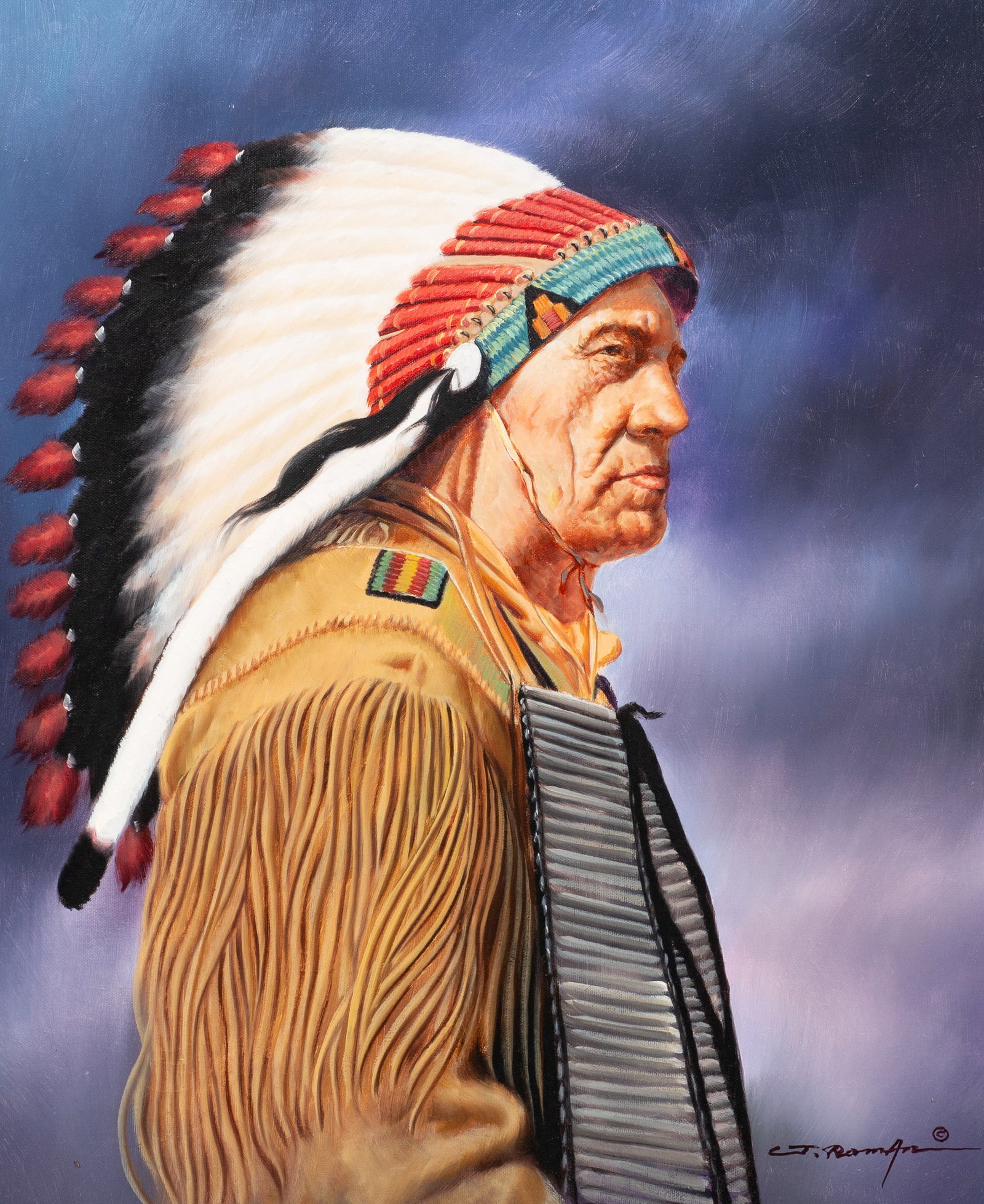 Painting of Native American Chief, C. J. Roman.: Artist(s): C. J. Roman (20th/21st Century). Medium: Oil painting on canvas. Signature(s): Lower right. Paperwork/Provenance: N/A Condition: The painting has craquelure, lower left. There are scratches