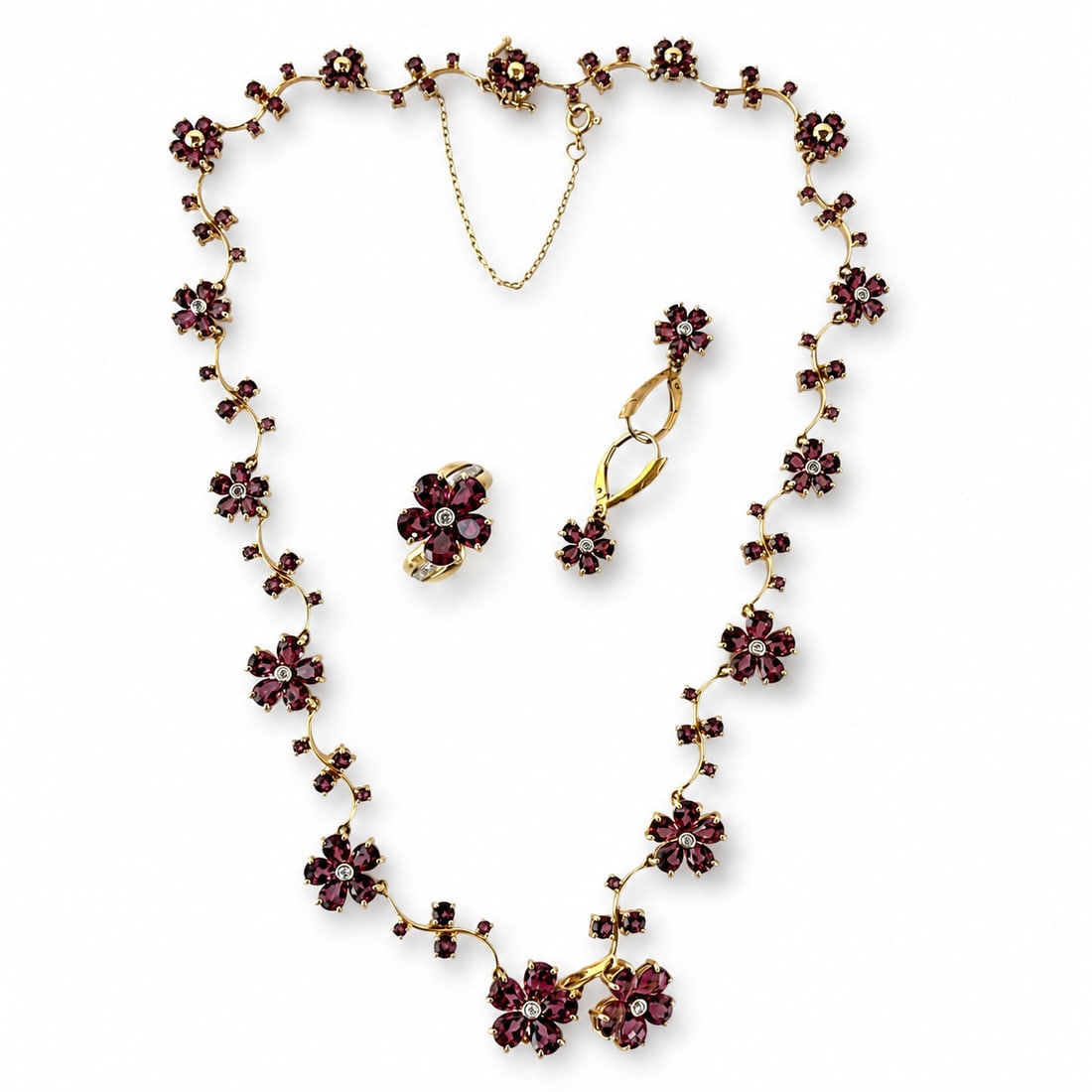 14K Gold Rhodolite & Diamond 3-Pc. Jewelry Set. (1 of 10)