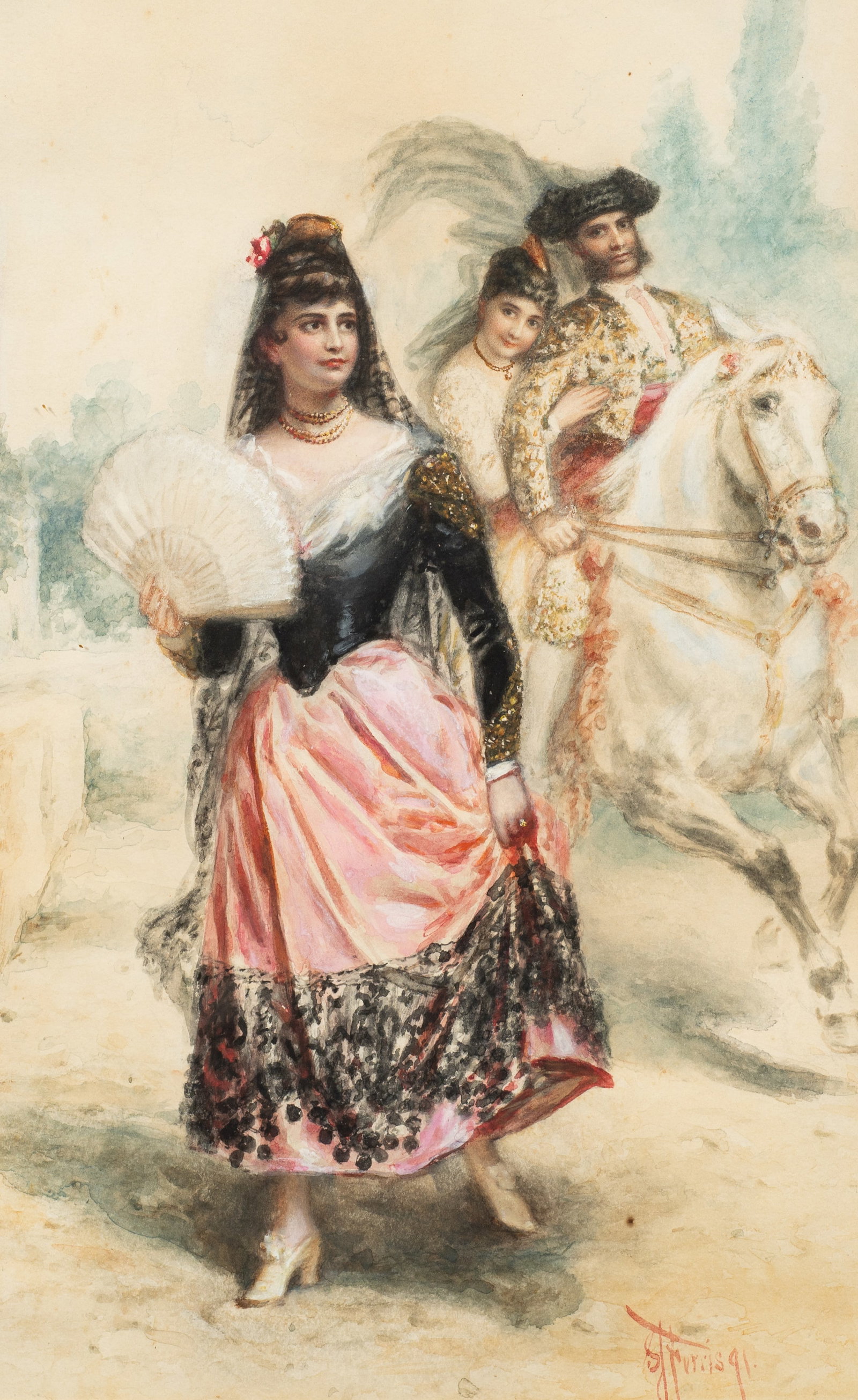 Figural Genre Scene, Stephen James Ferris.: Artist(s): Stephen James Ferris (American, 1835-1915). Medium: Watercolor painting. Signature(s): "S. J. Ferris, 1891", lower right. Paperwork/Provenance: N/A Condition: Toning and scattered foxing. R