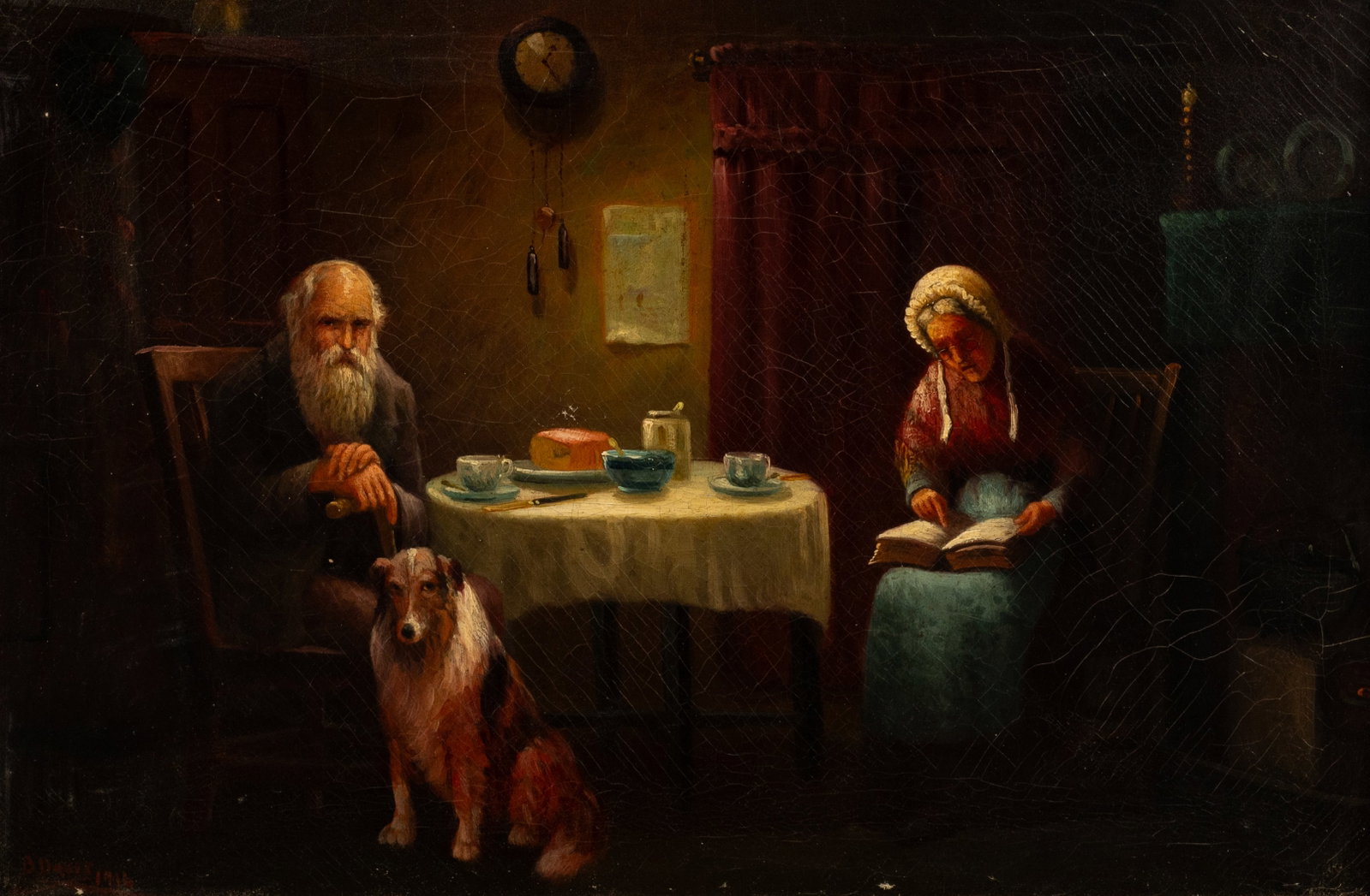 Darby and Joan, Interior Scene, B. Davis.: Artist(s): B. Davis (19th/20th Century). Medium: Oil painting on canvas. Signature(s): Lower left. Dated from 1914. Paperwork/Provenance: N/A Condition: Surface grime, craquelure, and scattered
