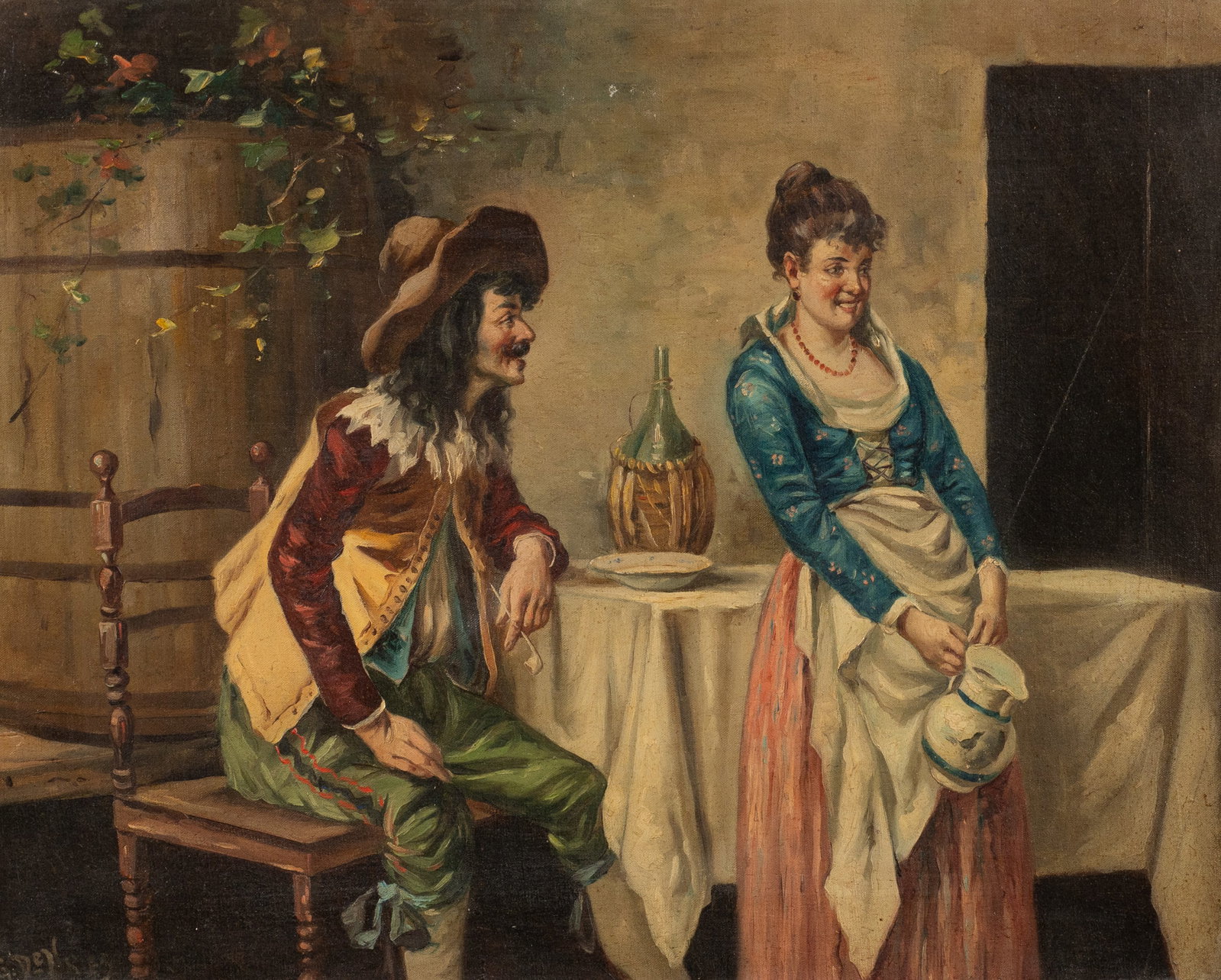 Tavern Scene, Painting by G. DeVries.: Artist(s): G. DeVries (French, 19th/20th Century). Medium: Oil painting on canvas. Signature(s): Lower left. Paperwork/Provenance: N/A Condition: Signs of surface grime and a scratch along the right