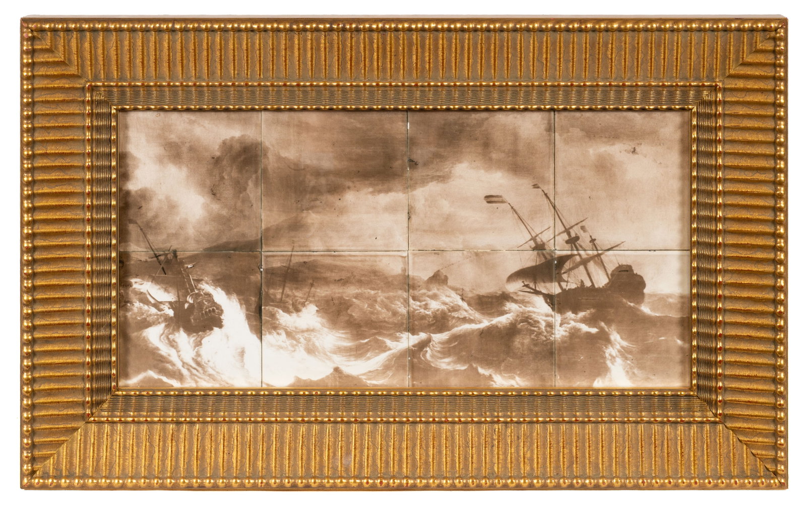 Ships at Sea, Framed Mettlach Tiles.: A Mettlach tile grouping that depicts ships on a tumultuous sea. "Mettlach" is visible en verso. Paperwork/Provenance: N/A Condition: Chips and stains to the tiles. Some paint loss to the frame. Measu