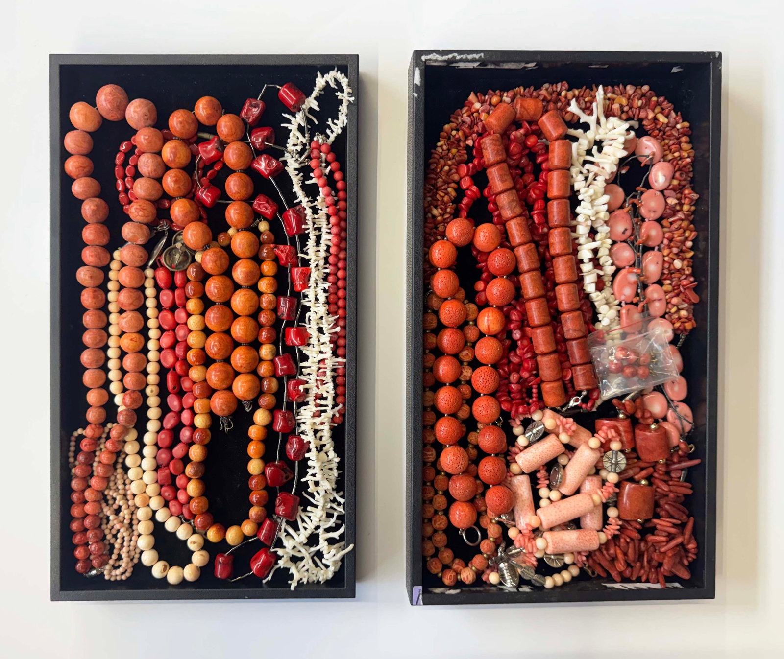 Lot: Coral & Coral-Like Jewelry, inc. Angel Skin.: The lot contains 22 pieces of jewelry. There are 20 necklaces, and 2 pair of earrings. Some of the necklaces have sterling silver clasps and/or beads, and one piece has gold-filled beads and a clasp. 