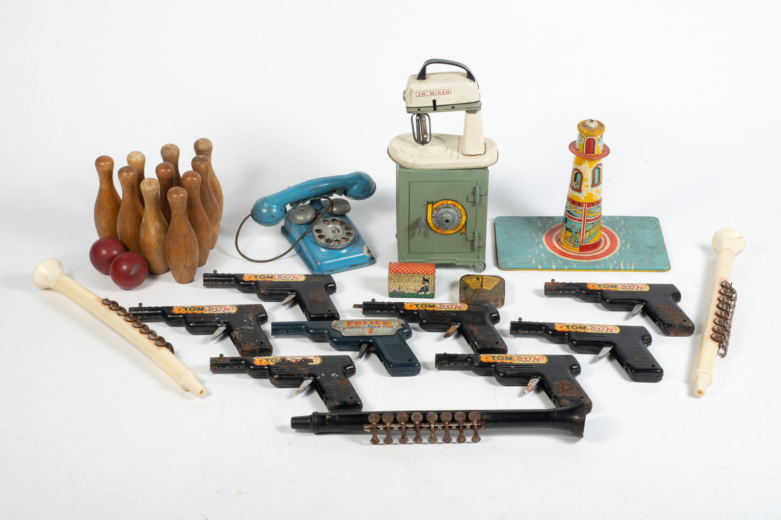 Lot of Vintage Toys - Jr. Mixer, etc.: Some are in better condition than others. Included are a Magic Safe, a Jr. Mixer, and more. Several items could use a cleaning, and some have rust. The largest item measures 14 3/4" x 2" x 2 1/8". The