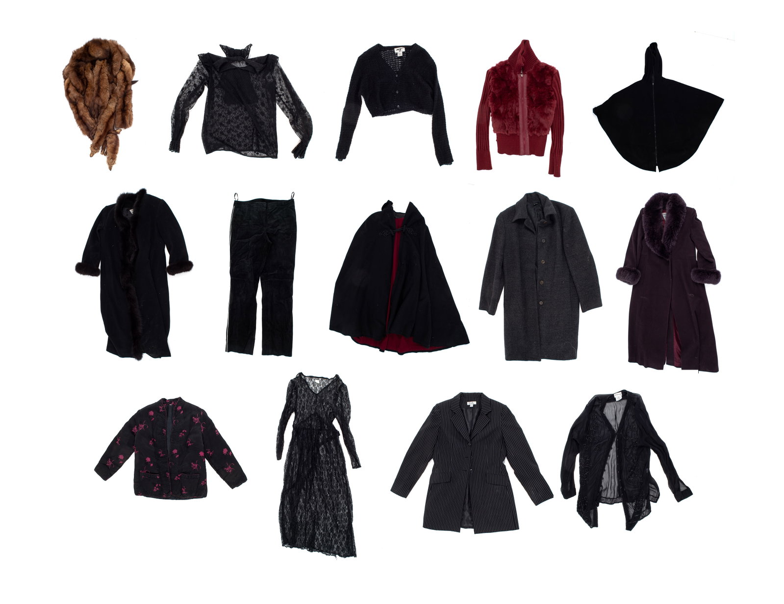 Lot of Vtg. Clothing inc. Marvin Richards Coats.: The lot contains 18 pieces of clothing, most of it black. There is a fur or faux fur belt, mesh overshirt with beadwork, pinstripe blazer, lace overdress, lace shirt, crochet crop cardigan, black sued