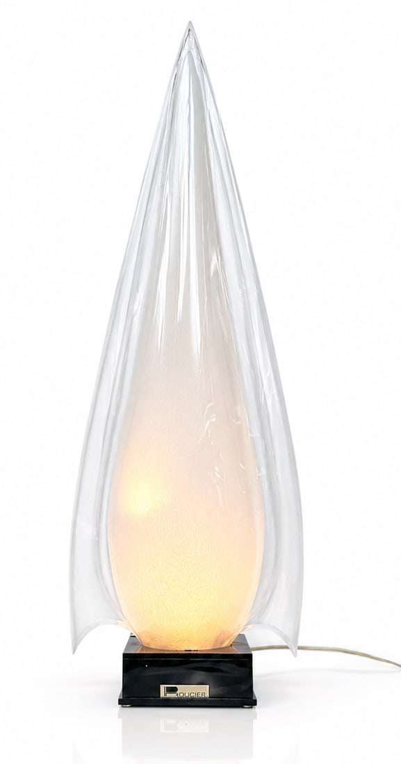 32" Rougier Acrylic Mid-Century Table Lamp.: It resembles a white flame. Overall, it looks to be in good cosmetic condition. It measures 10 1/4" x 5 3/4" x 32 3/4". In-house shipping is available. Please see our website regarding in-house shippi