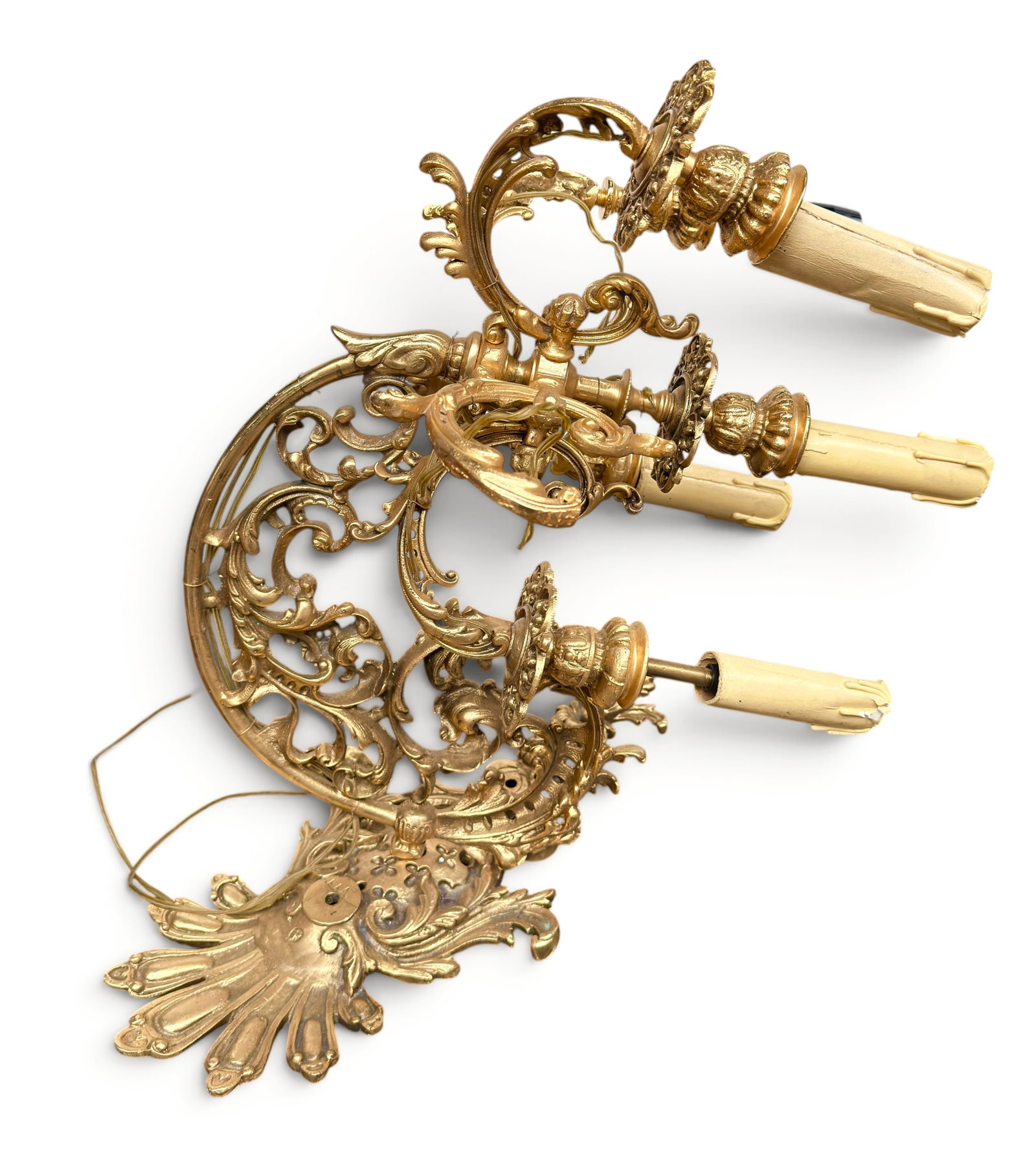 Ornate Gilded Candelabra Sconce, As Is.: One of the electric candle holders will need to be repaired. When intact, the sconce has six lights. It measures 7 3/4" x 17" x 18". In-house shipping is available. Please see our website regarding in