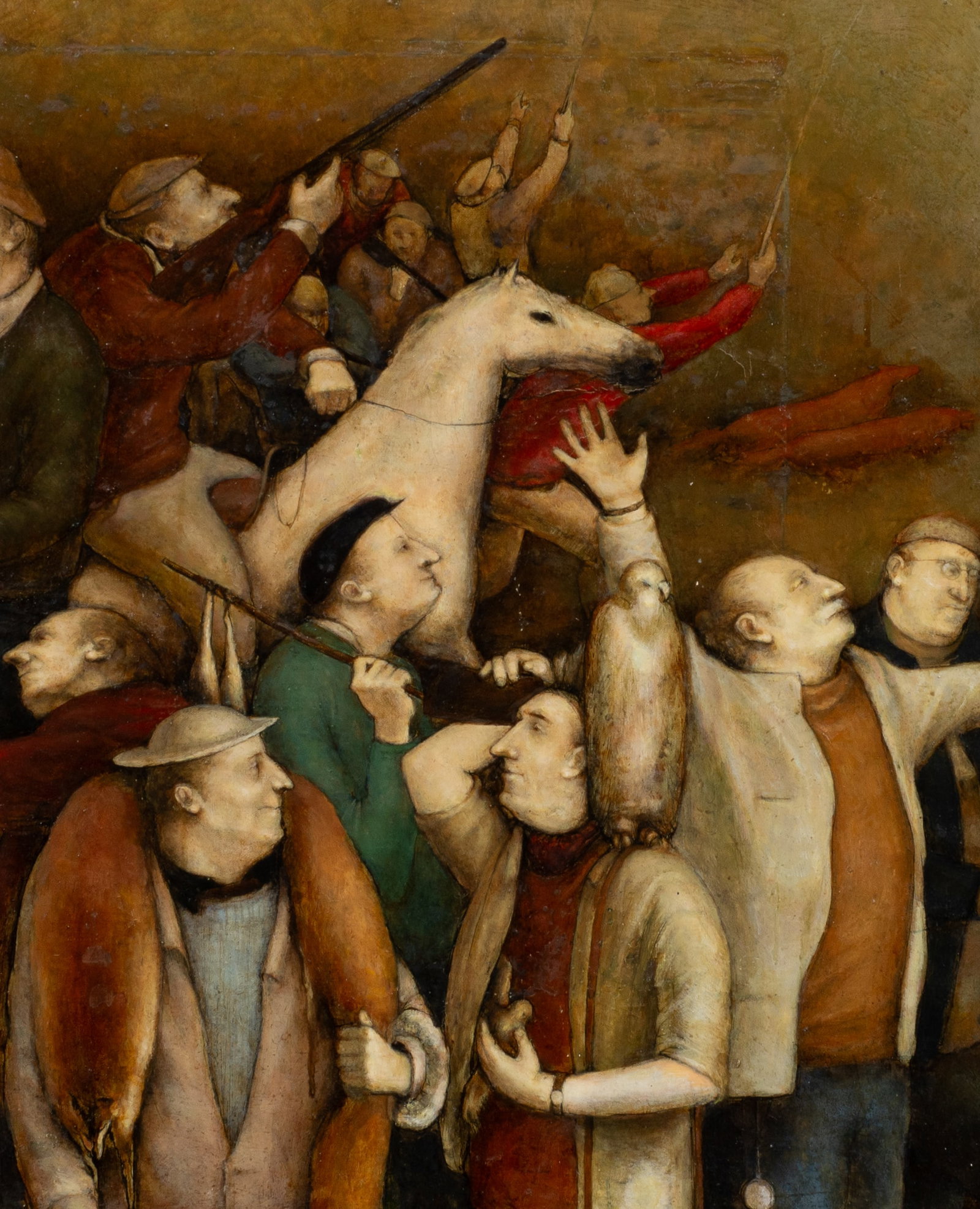 Figural Hunting Scene by Eteri Chkadua-Tiuite.: Artist(s): Eteri Chkadua-Tiuite (Georgian, b. 1965). Medium: Oil painting on canvas Signature(s): Lower right. Paperwork/Provenance: N/A Condition: Craquelure and scattered inpainting. Some scuffs to
