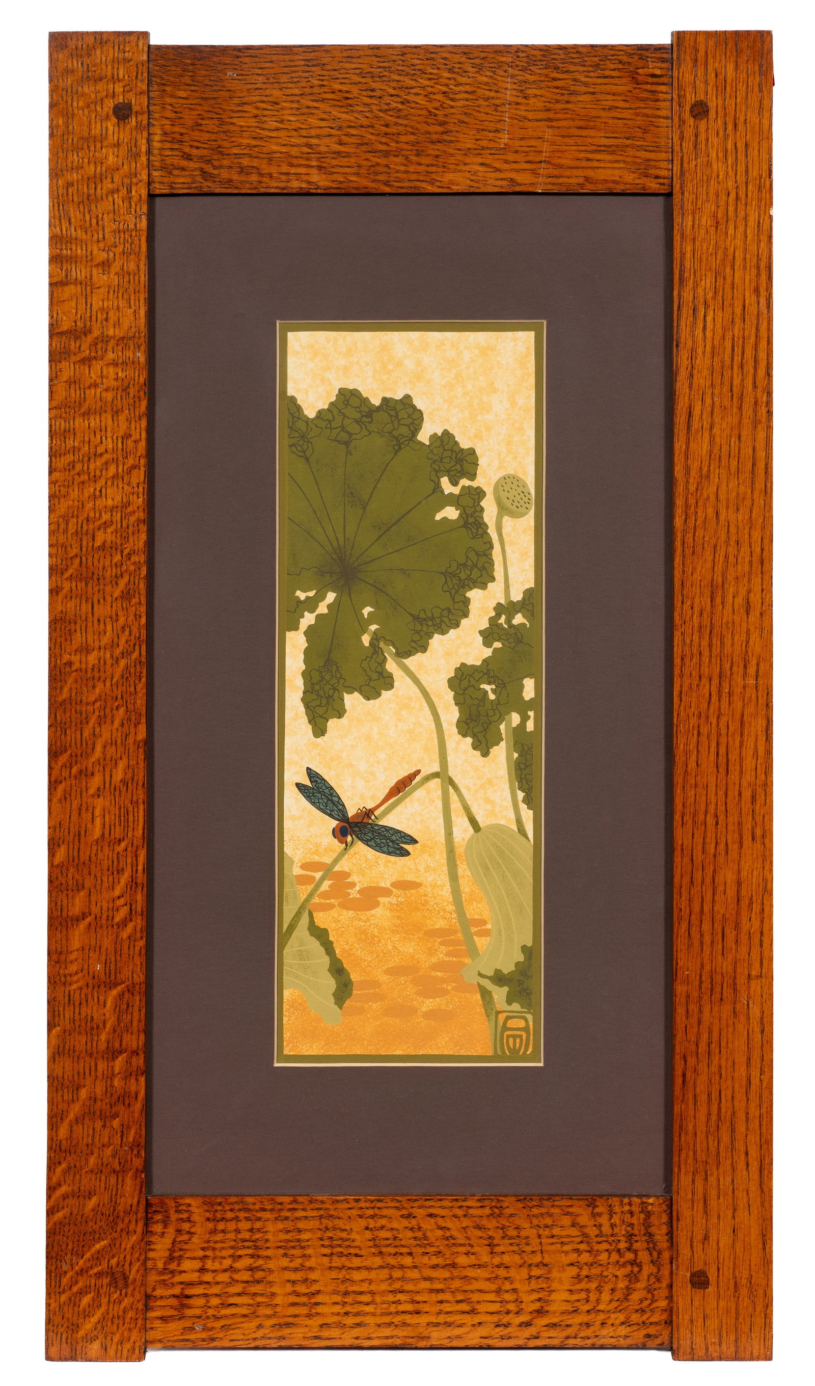 Arts and Crafts Style Gouache by Anita Munman.: Artist(s): Anita Munman (American, 20th century). "Dragonfly and Lotus", 1996. Medium: Gouache painting on paper. Signature(s): Lower right and en verso. Paperwork/Provenance: The artist tag is