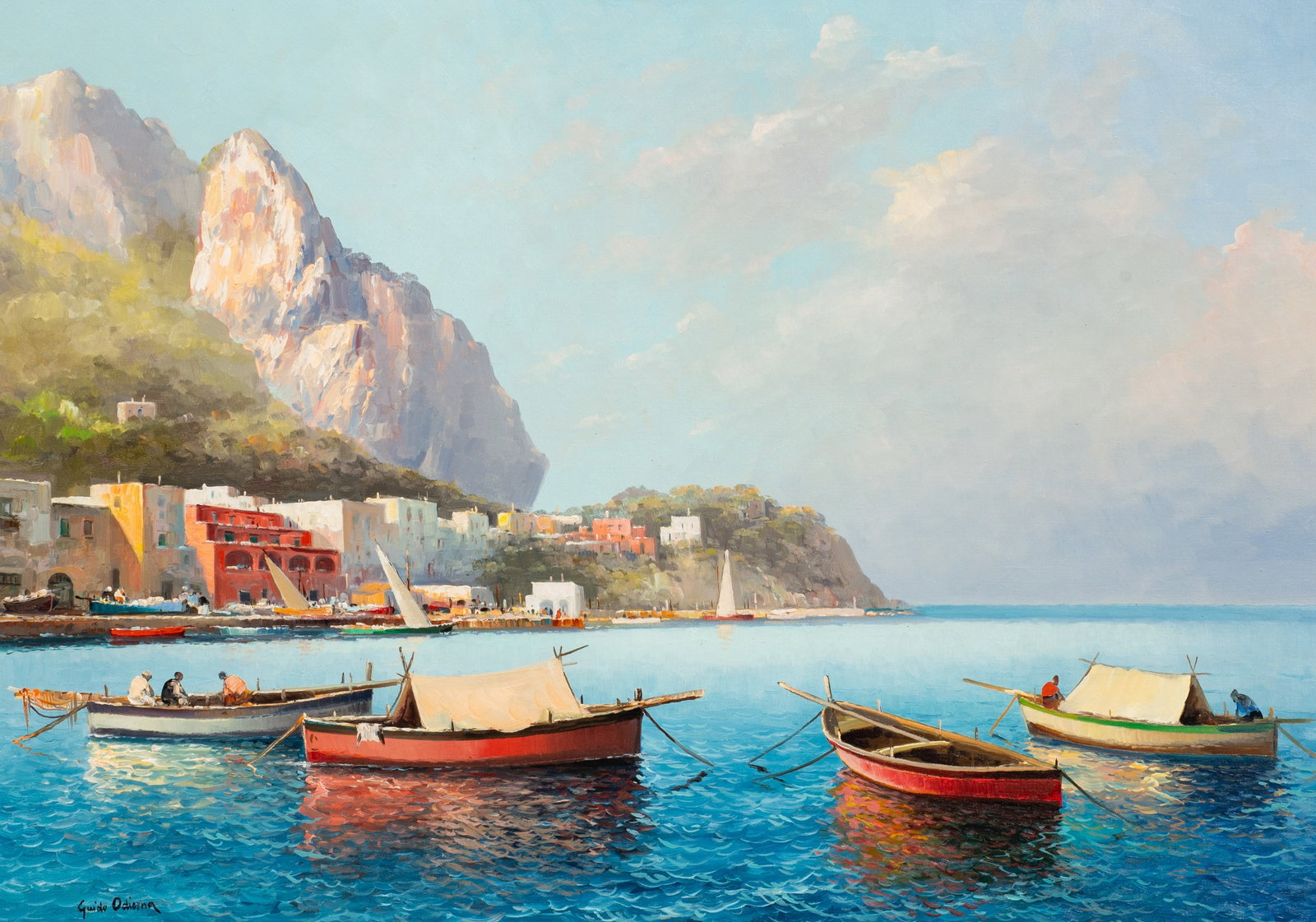 Capri Harbor Scene Painting by Guido Odierna.: Artist(s): Guido Odierna (Italian, 1913-1991). Medium: Oil painting on canvas. Signature(s): Lower left. Paperwork/Provenance: Attached en verso is a label and stamp from W. T. Burger Co. Condition: S