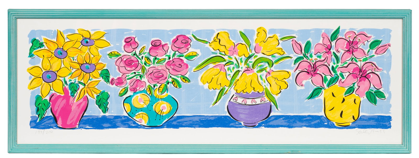 Silkscreen of Flower Vases by Sally Huss.