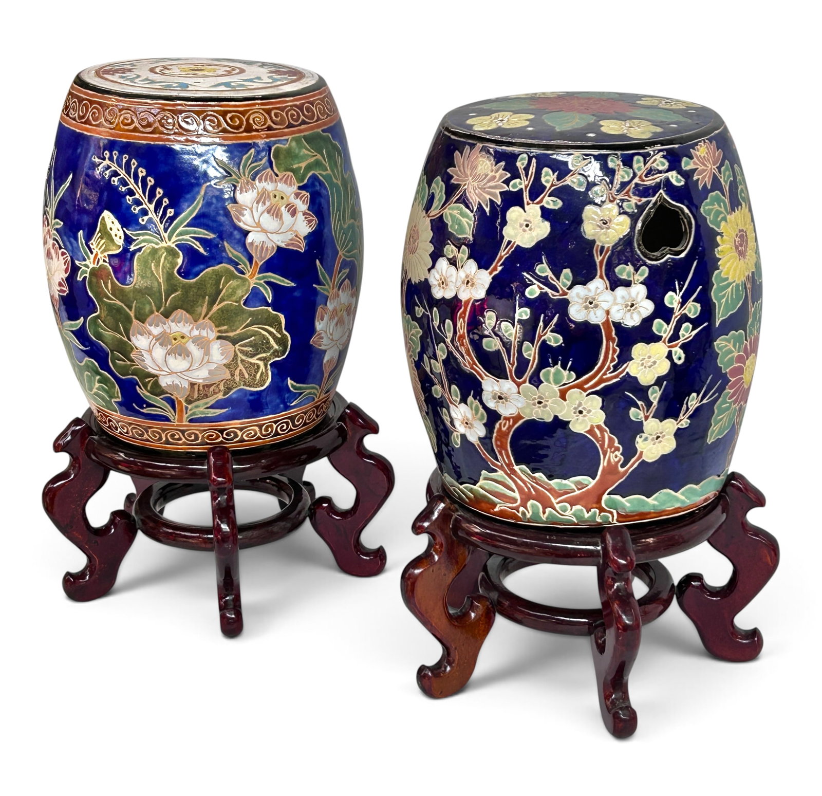 Pair of Glazed Ceramic Chinese Garden Seats.: The garden seats come with a pair of wood stands. The bottoms of the garden seats are hollow (not much of a bottom to speak of). Each seat measures 15" tall and 13" in diameter. The wood stands measur