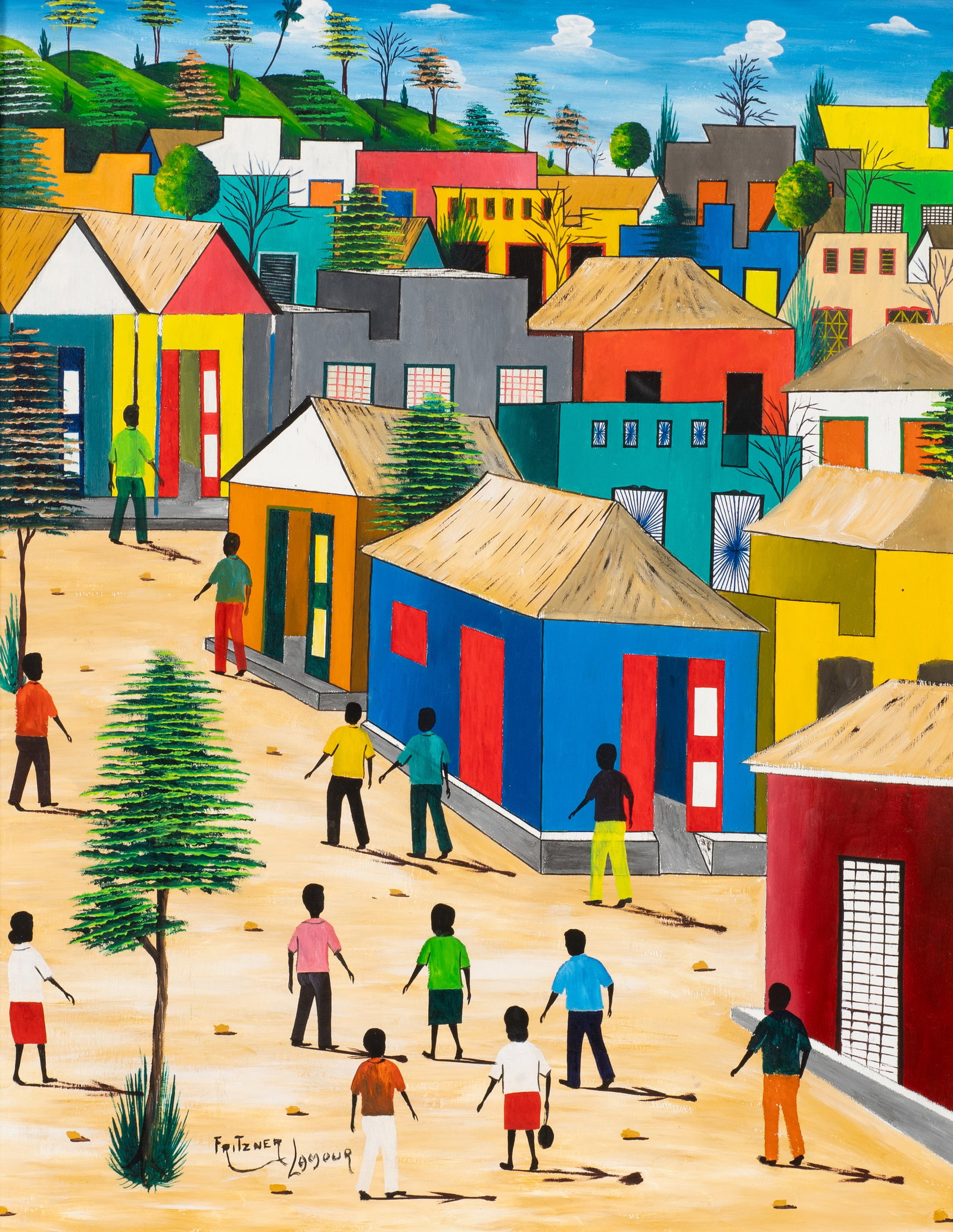 Painting of Haitian Village by Fritzner Lamour.: Artist(s): Fritzner Lamour (Haitian, 20th Century). Medium: Oil painting on board. Signature(s): Lower left. Paperwork/Provenance: N/A Condition: A few scuffs to both the work and the frame. Measureme