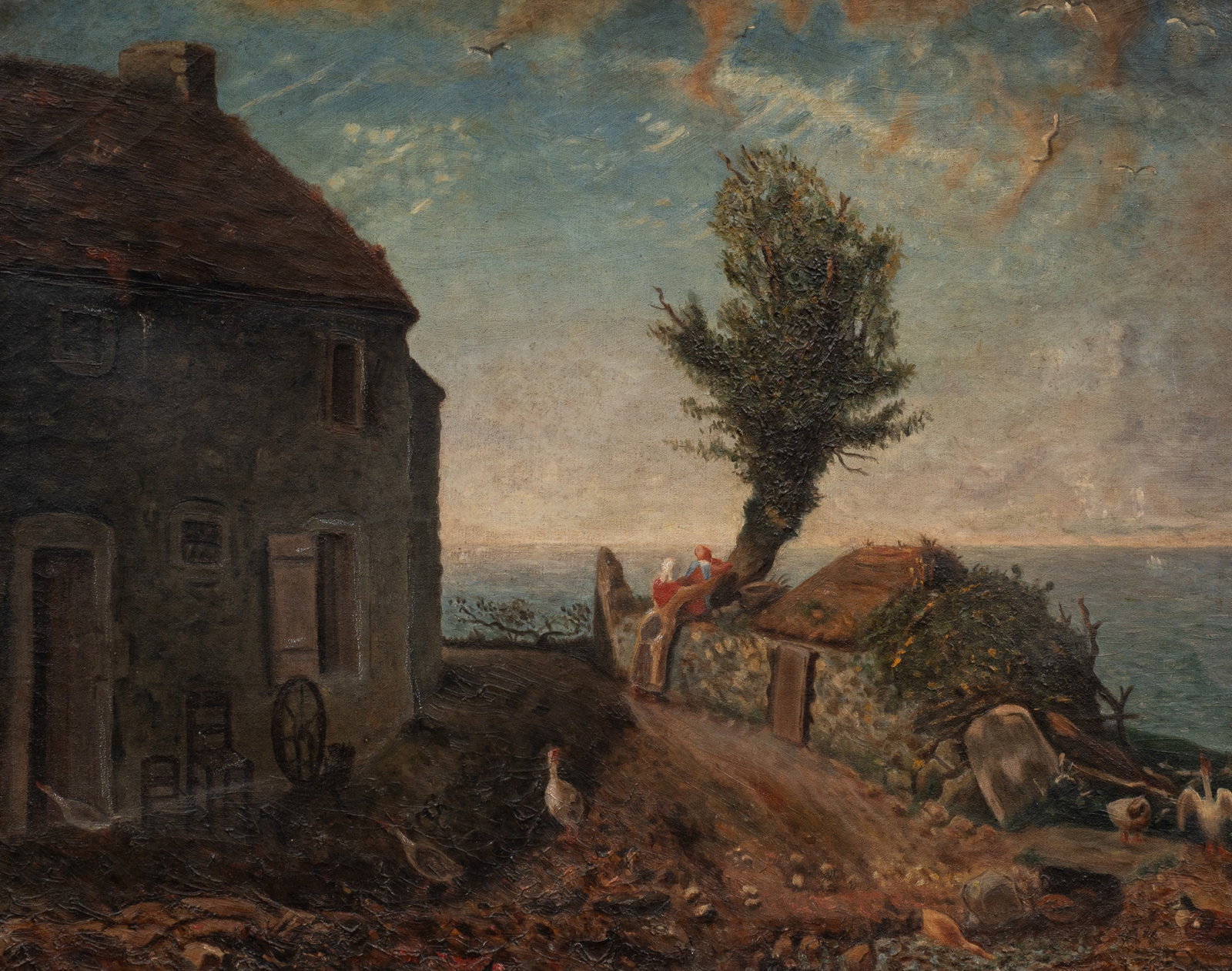 Cottage on the Coast, Copy After Jean F. Millet.: Artist(s): Juhn Hussian, 19th/20th Century. Copy of Jean-Francois Millet's "End of the Hanlet of Gruchy". Medium: Oil painting on canvas. Signature(s): Signed en verso. Dated from 1921. Paperwork/Prov