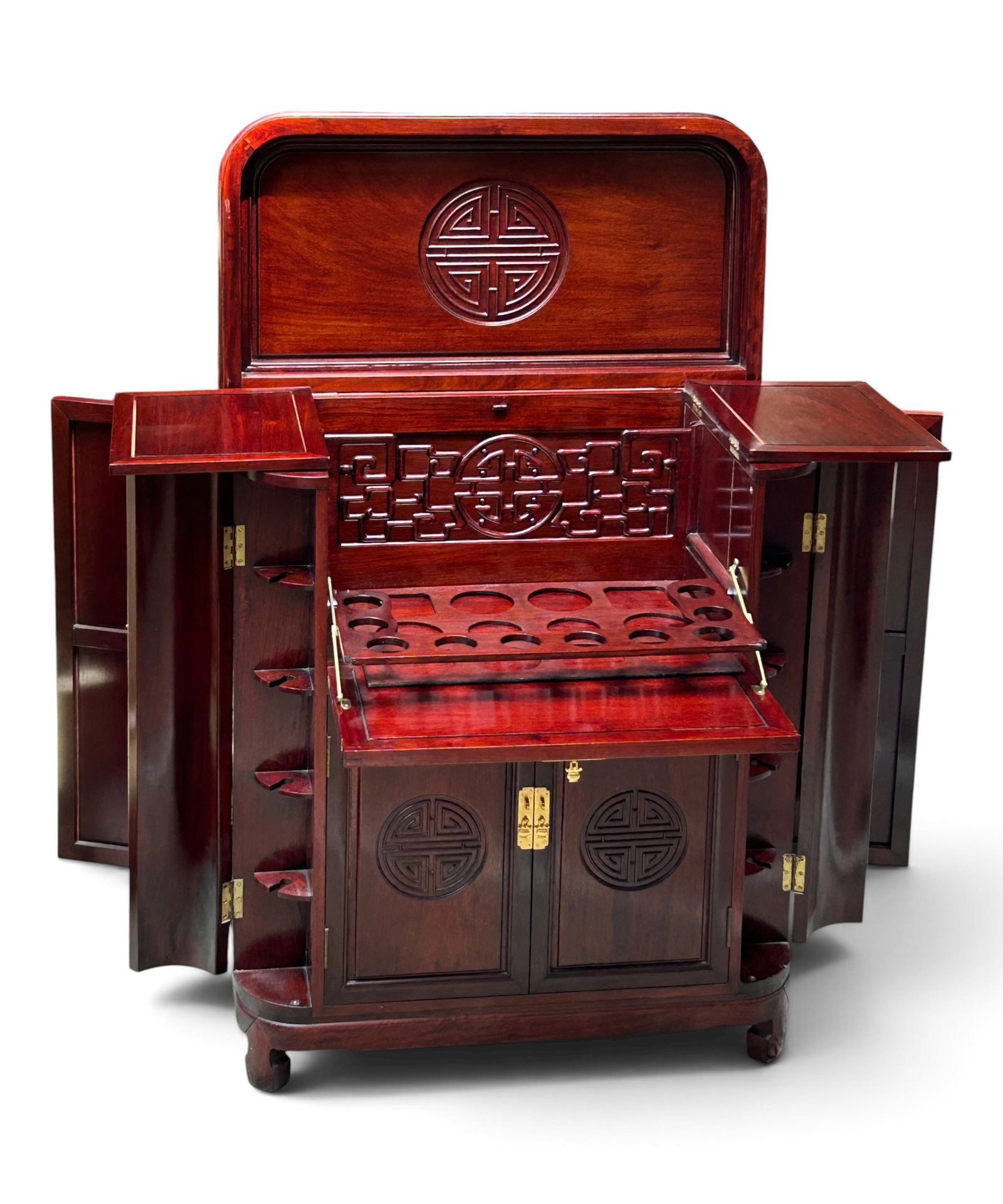 Chinese Rosewood ? Bar Cabinet.: This vintage bar cabinet features a flip top, a drop front, interior glass & bottle holders, a carved separater, side, corner and front cabinet doors with interior shelves. It has Chinese longevity