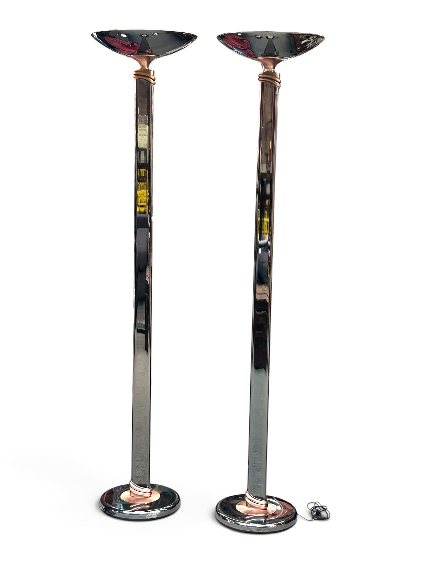 Pair of Underwriters Laboratories Floor Lamps.: These modern torchiere lamps are in good cosmetic condition, but are untested. Each one measrues 71" tall. Third Party Freight Shipping is Required. For the best third party freight shipping rates