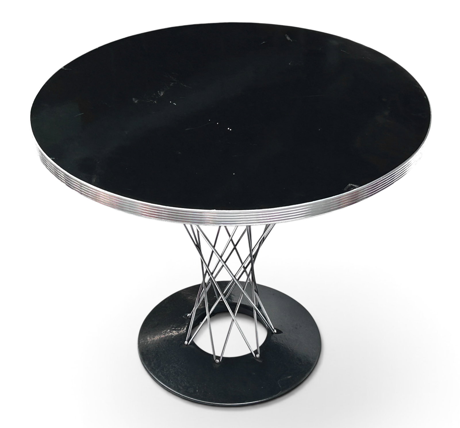 Noguchi Cyclone Round Dining Table.: This Isamu Noguchi design cyclone dining table features a black laminated top and chrome steel wire rod supports on a black round base with an open center. The table has some scratches, indentations, 