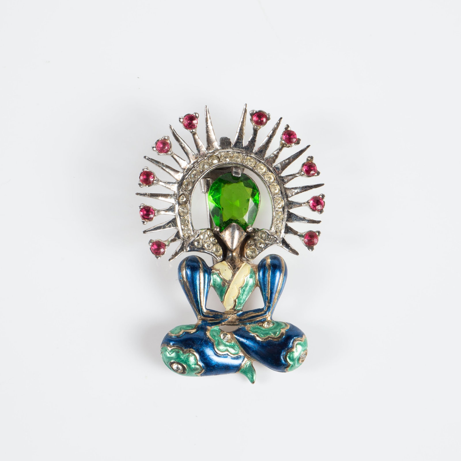 Early Marcel Boucher MB Sterling Figural Brooch.: The vintage brooch is marked Sterling, along with the Boucher MB topped by a Phrygian bonnet logo on the back of the crown section. The brooch is adorned with clear and pink rhinestones. The bottom se