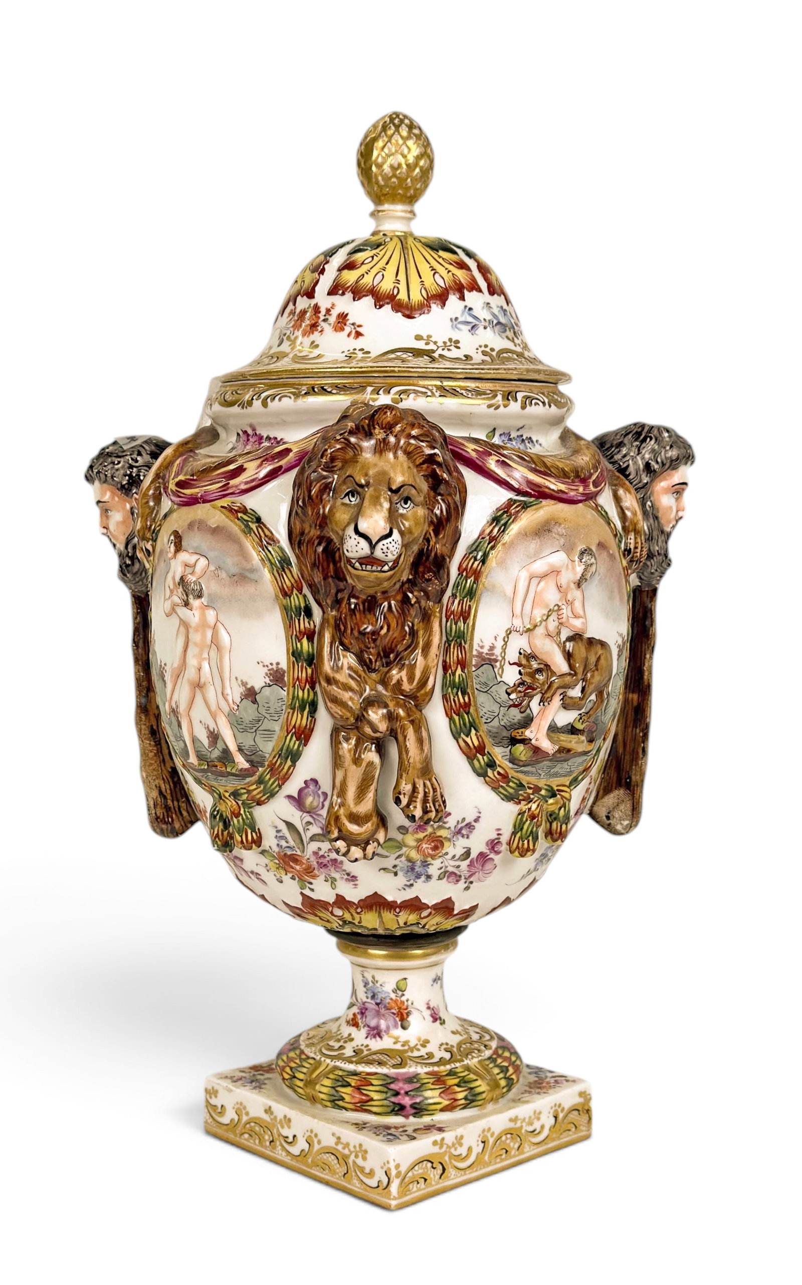 German Painted Porcelain Urn w/ Images of Hercules: It may be by Ernst & Sohne; there is a blue 5-pointed crown over an "N" mark on the underside. There are several images of Hercules, including his defeat of the Nimean lion. Overall, this urn or jar l