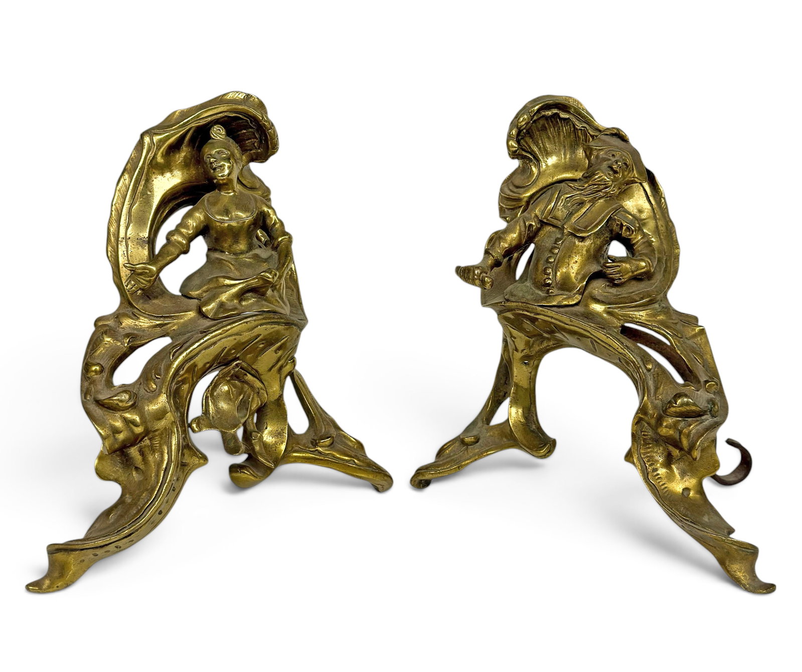Pair of Bronze Male & Female Andirons.: They could use a little cleaning, but overall look to be in good condition. One is a cavalier, and the other is his love interest. Each one measures approximately 10 3/8" x 9 1/8" x 11". In-house ship