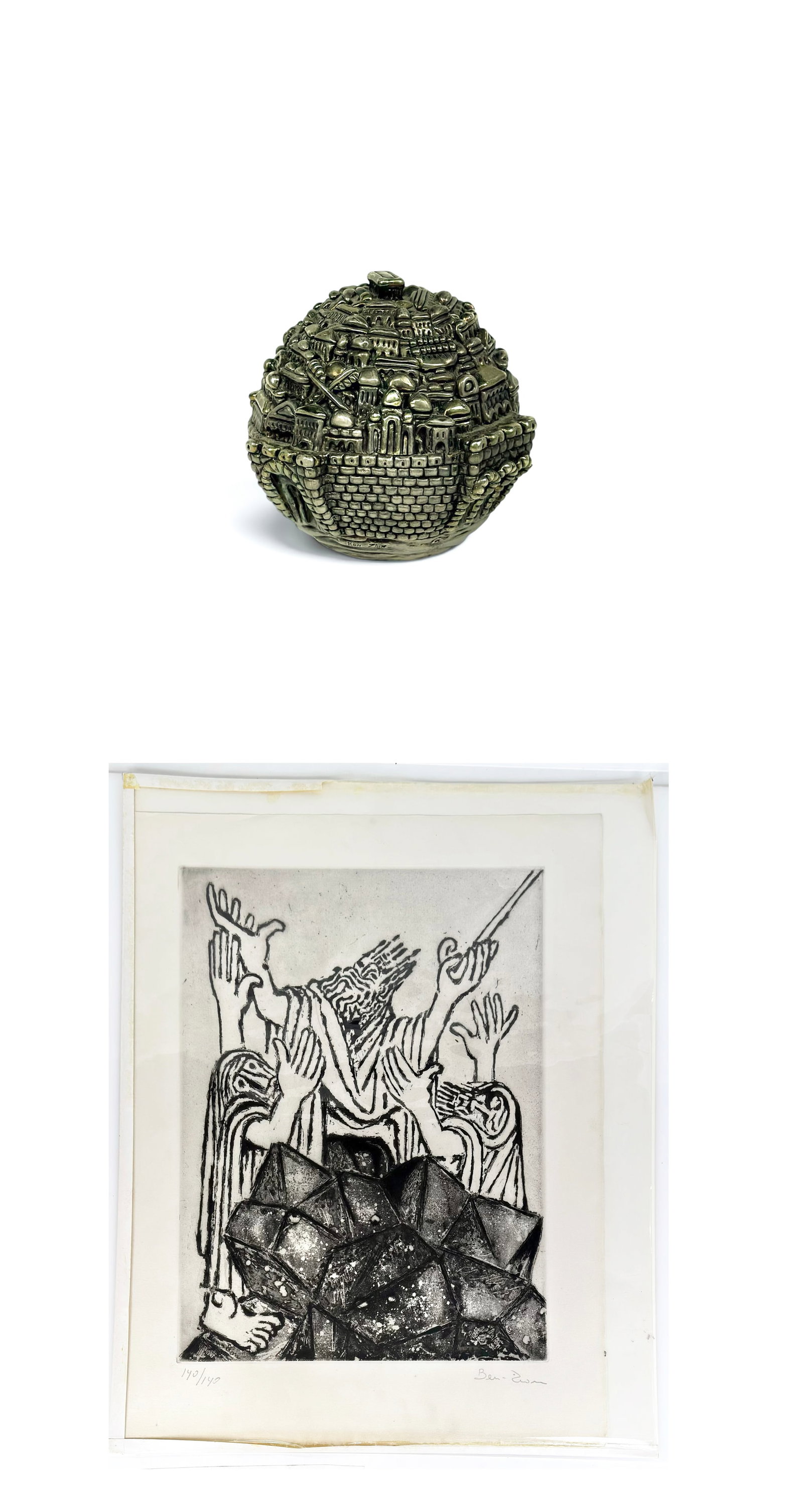 Ben-Zion Weinman Print & Sterling Clad Sculpture.: The lot contains of 2 pieces of art by Ben-Zion Weinman. There is an "Exidus 17:11" etching and aquatint print from the Biblical Themes series, which is signed and numbered 140/140. It measures 22 1/2