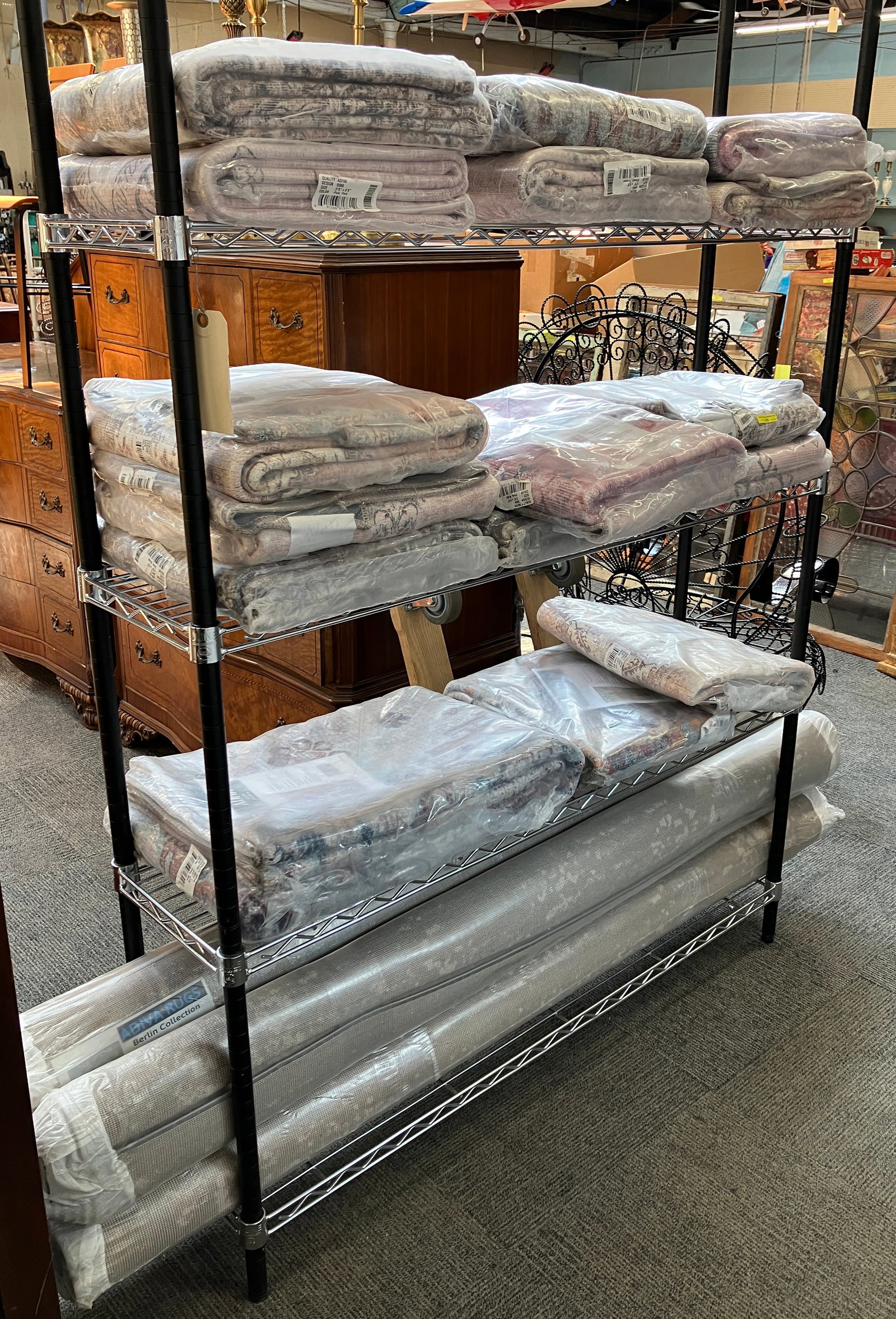 Lg. Lot of New Old Stock Rugs, Original Packaging.: The lot contains 20 rugs, all unopened. They vary in size from 5' 3" x 7' 7"' to 2' 6" x 6' 6". This should be a bargain for any dealer, flea marketer, garage saler, or just someone with a very large 