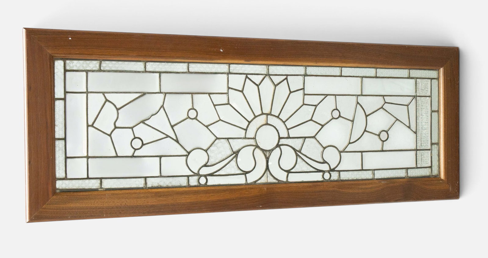 Leaded Glass Transom Window w/ Various Textures.: This window has an intricate design with crystal-like faceted orbs, bevelled panels, frosted panels, and more. There are some scratches on the wood frame, but overall, it looks to be in good condition