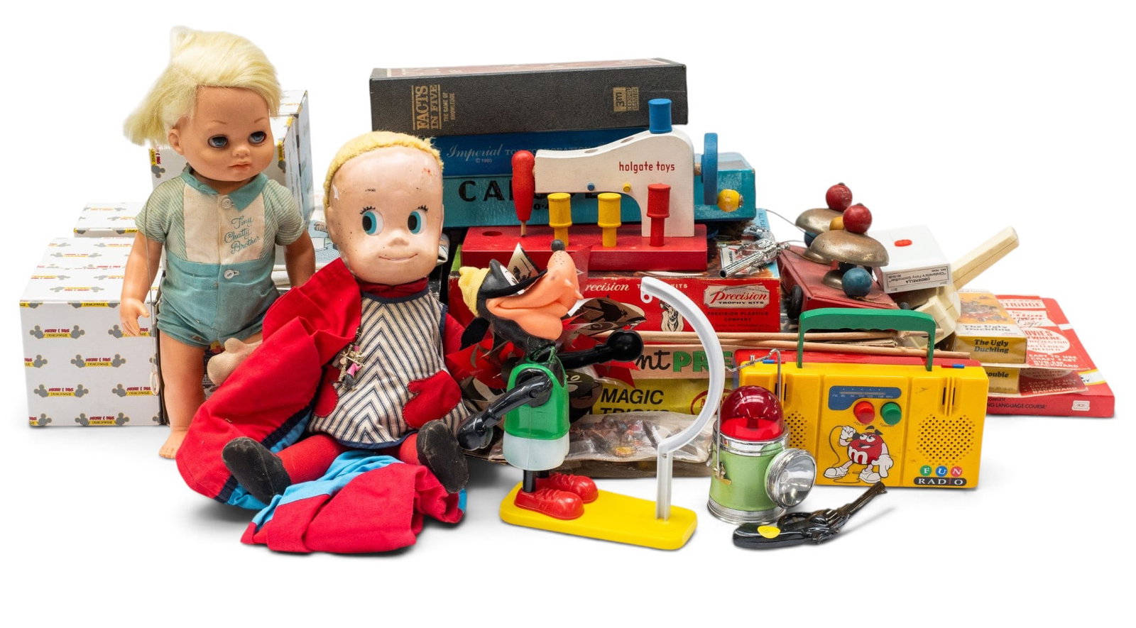 Lot Vtg. Toys, Games, Kits, Viewers, & More.: The lot contains over 40 items. There are board games, ceramic Disney character items, an Action Viewer with several cartridges, a Gonher Galaxia toy machine gun, an antique pistol building kit, a