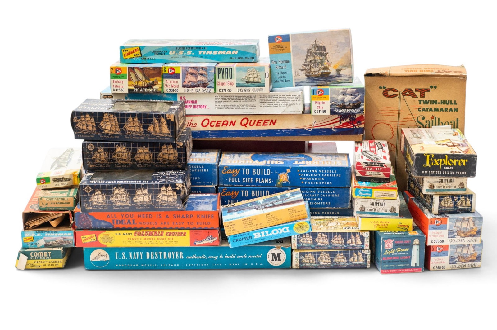 Lot of Vtg. Model Ship Kits - Ideal, Pyro, Comet.: The lot contains 46 assembly kits in their original boxes. Some of the brands observed are Shipyard, Seacraft, Shipyards, Pyro, Explorer, Ideal, Life-Like, The Lindberg Line, Ideal-O-Craft, Monogram, 