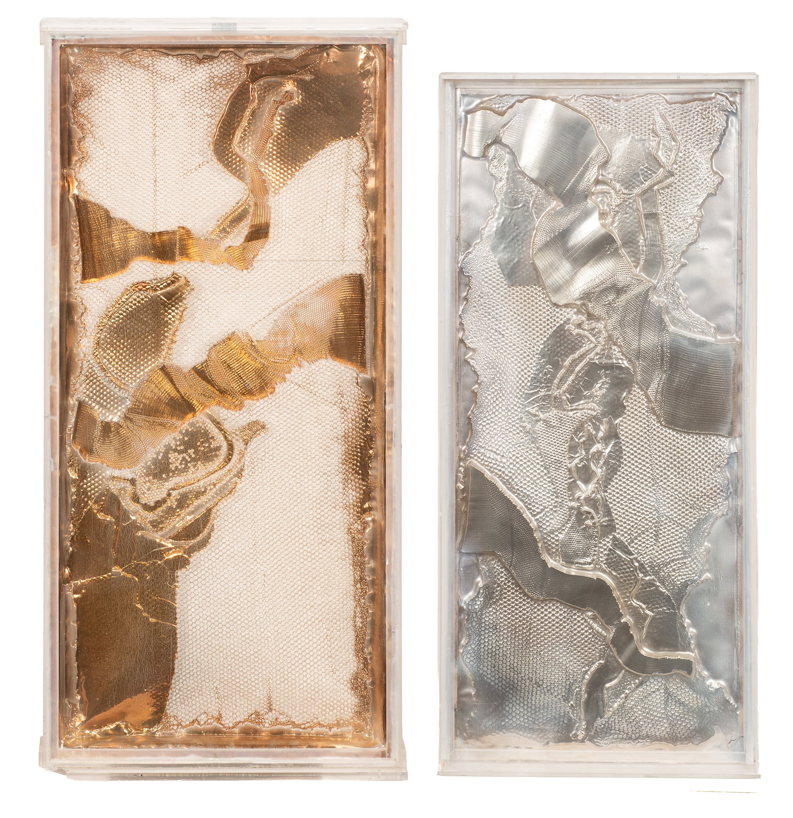 2 Marjorie Scheid Mixed Media Textured Art Pieces.: The lot consists of two acrylic framed sculptural art pieces from the 1970's. One is finished in gild, and the other in silver tone. The largest piece measures 43" x 21". There are some scratches and 