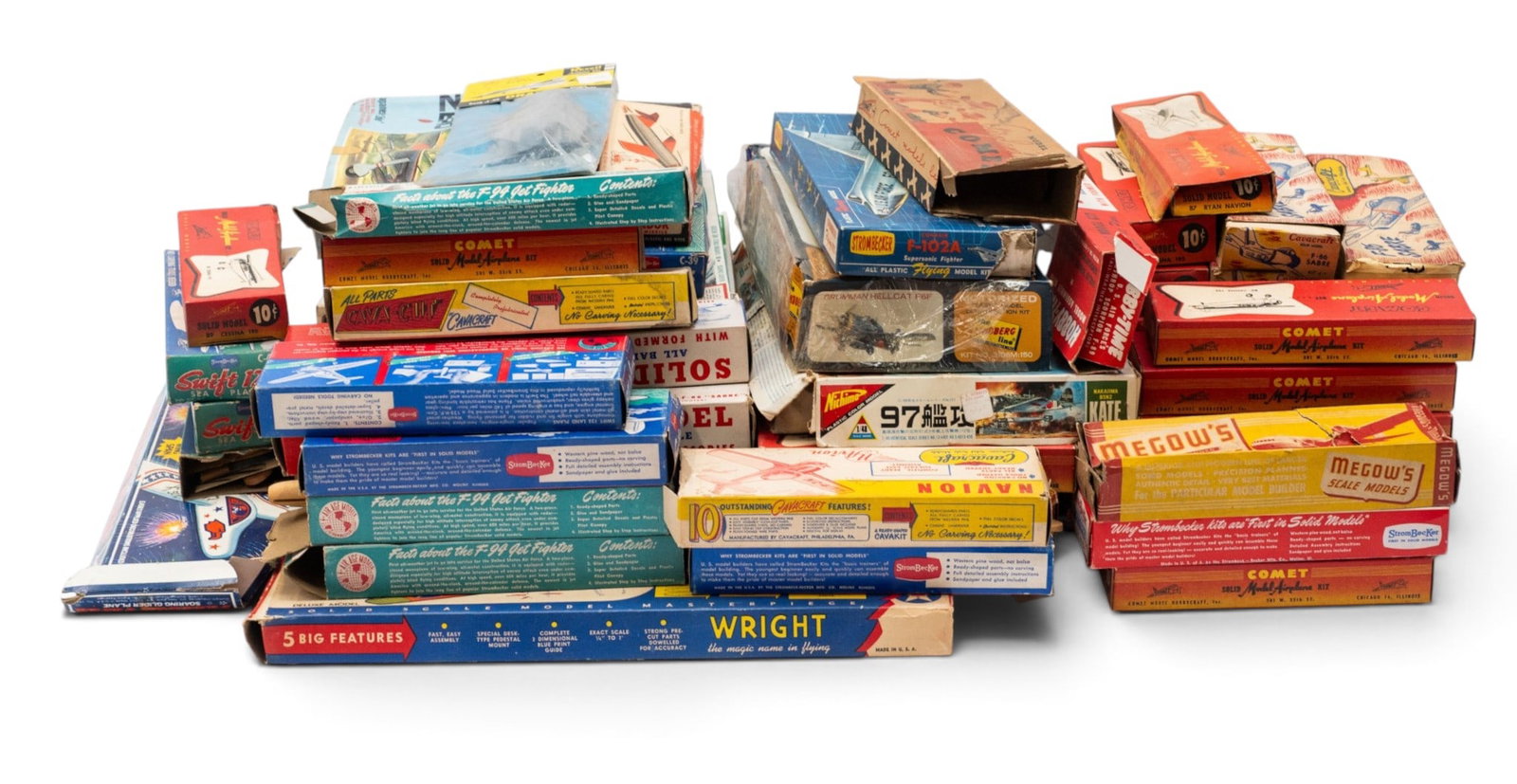 Lot: Vintage Aircraft Model Kits- Strombecker, etc: The boxes are uninspected. There are several duplicates in the lot. Some of the brands included are Cessna, Strombecker, Cavacraft, Lindberg, and more. Also included are a few toy aircraft carriers, i