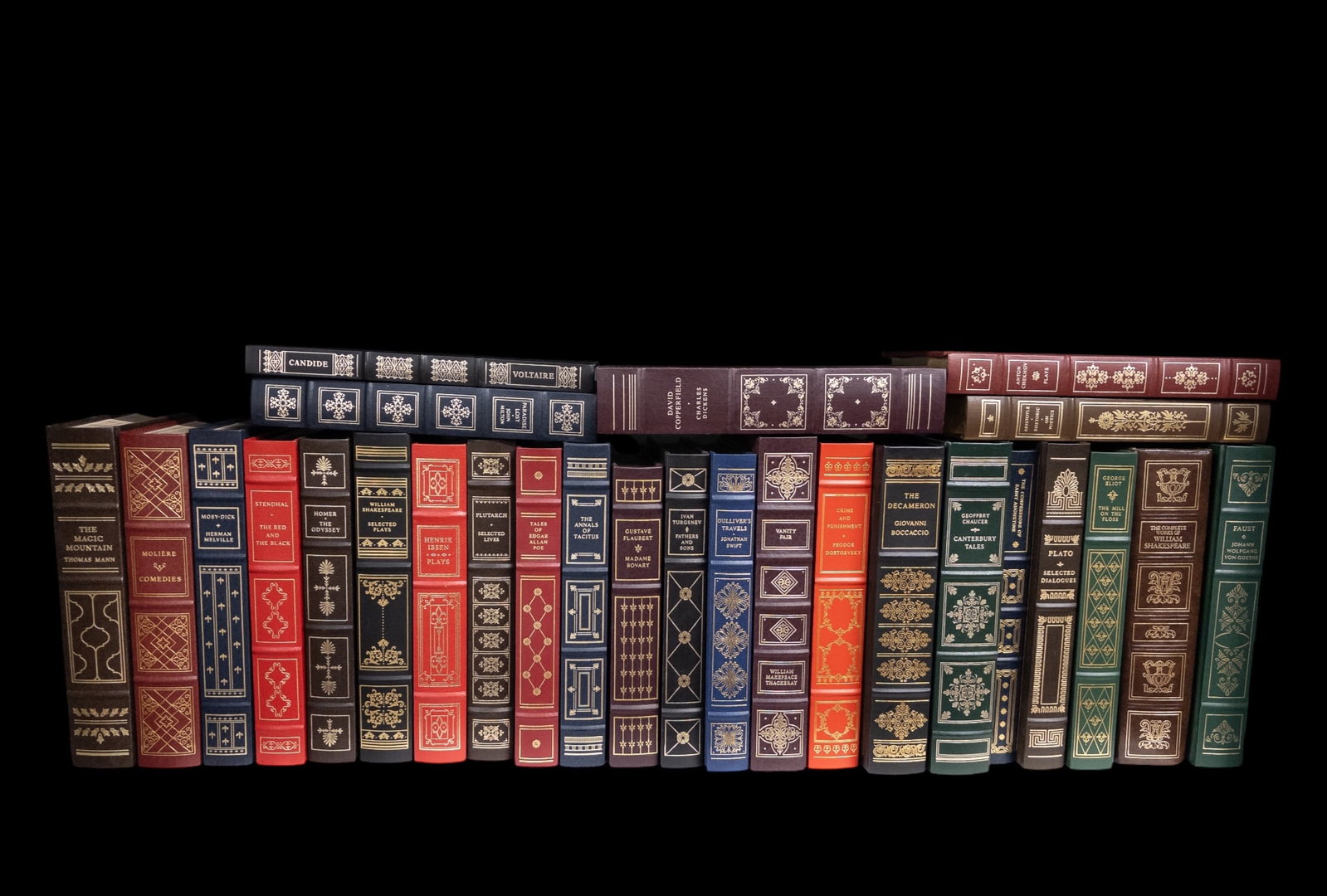 27 Pc. Set of Franklin Library Hardcover Books.: Overall, the lot looks to be in good condition. Some of the authors featured are Thackeray, Dostoevsky, Turgenev, Homer, Melville, Shakespeare, Poe, Chaucer, and more. The largest book measures 9 3/8"