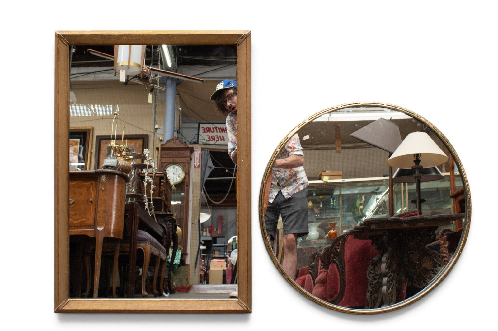 Lot of 2 Gilded Mirrors - Rectangular & Round.: The rectangular mirror measures 39 3/4" x 72 1/2", and the round mirror, which has a metal frame, measures 29 3/4" in diameter. There are some scratches, scuffs, and stains on the items. Otherwise,
