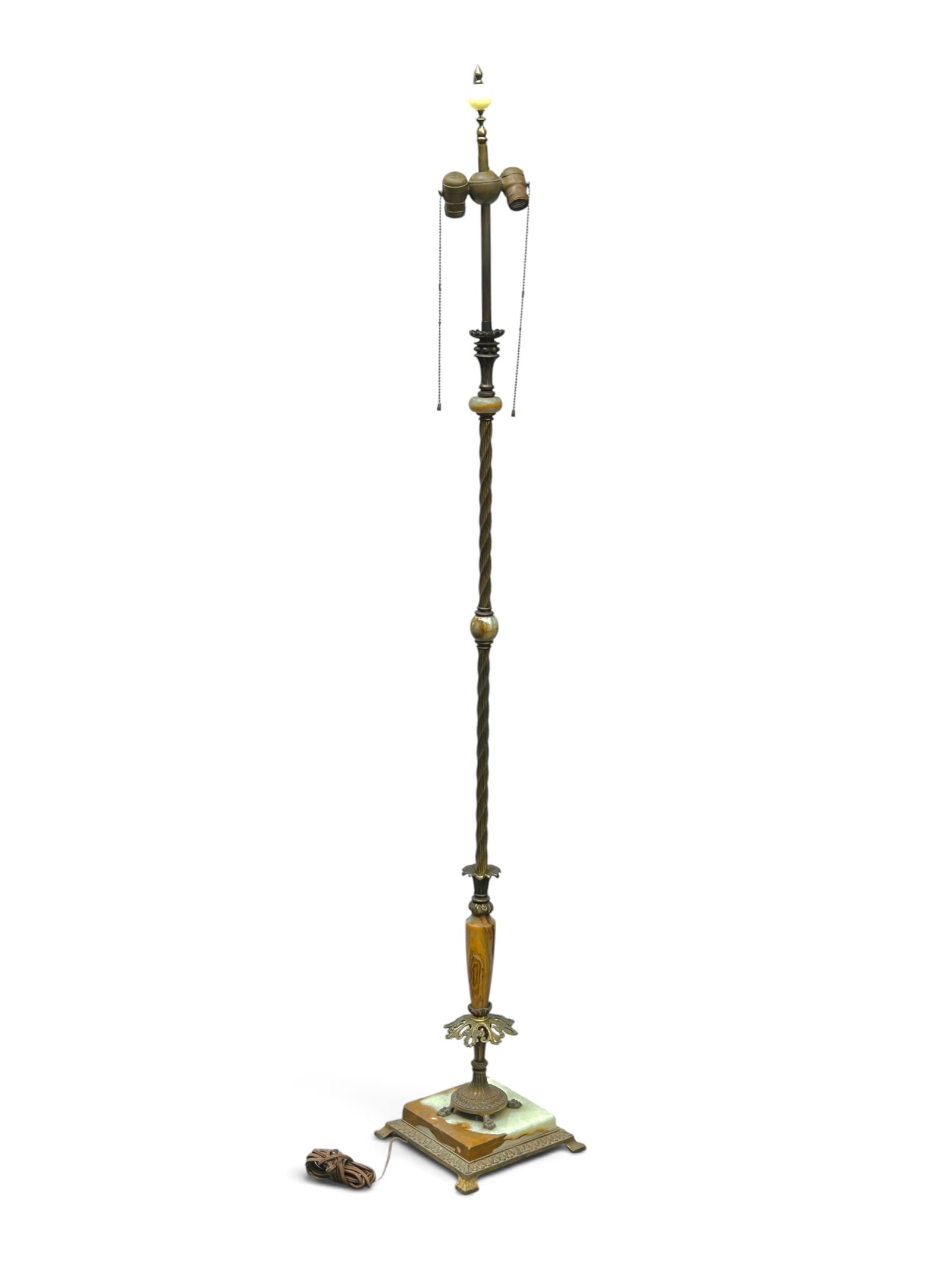 Antique Onyx Floor Lamp.: The 2-light lamp has a cast base with light green and brown onyx sections, an openwork decorative element, and a twist post. The serpentine square shade is upholstered in silk-like fabric. The lamp me