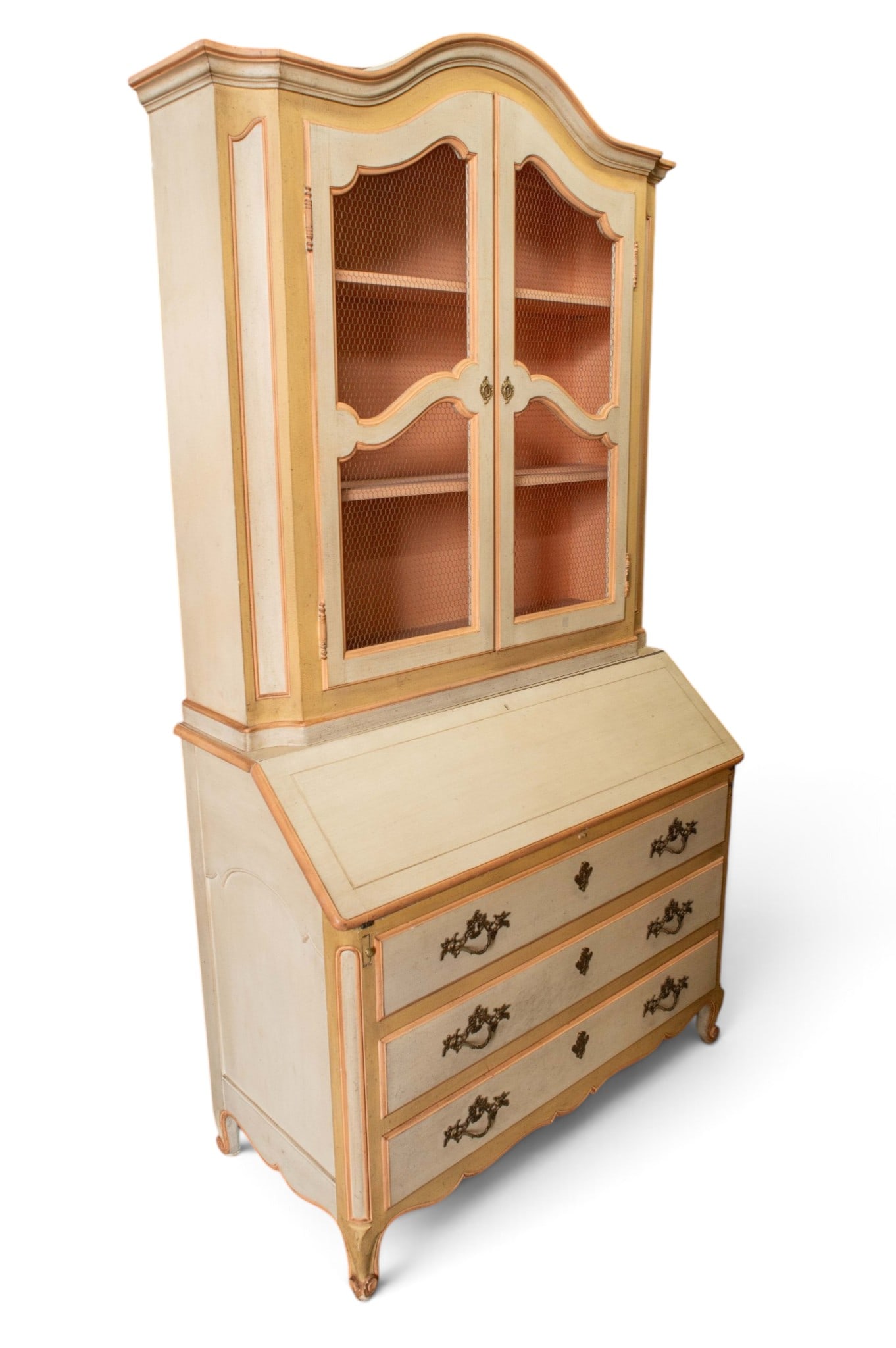 Baker French Provincial Secretary Desk w/ Drawers.: The desk has a Baker Furniture plaque inside the first drawer. It has a top display cabinet or bookshelf with two doors with wire fencing, and a lower section with 3 wide drawers with brass pulls and