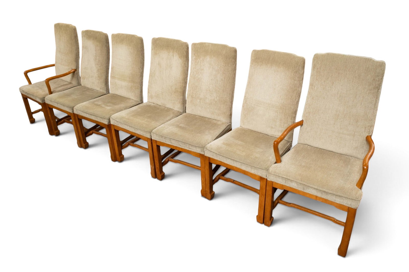 Widdicomb High Back 7-Piece Dining Chair Set.: The set contains 5 side chairs and 2 arm chairs. They have the John Widdicomb plaque on the undersides. They feature chinoiserie style legs, slightly curved arms, and muted green upholstery. The