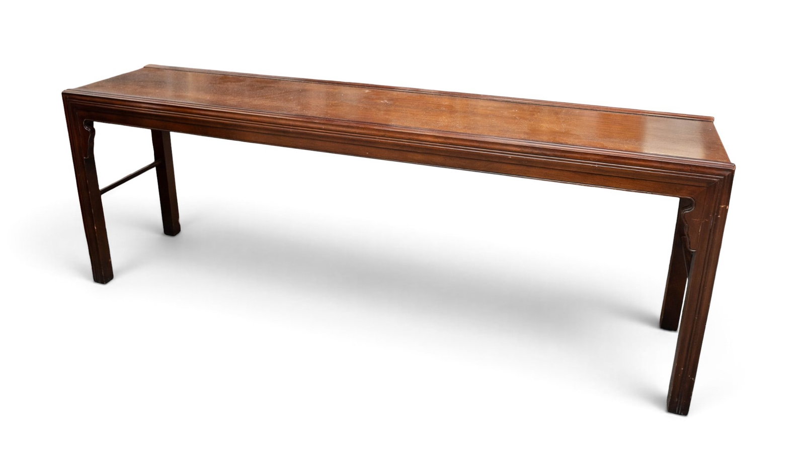 Widdicomb Chinoiserie Low Console Table.: The table has a plaque labeled John Widdicomb Grand Rapids on the underside. It has a subtle chinoiserie style carved apron. It measures 26 1/4" tall, 72" wide, and 15 3/4" deep. There are some