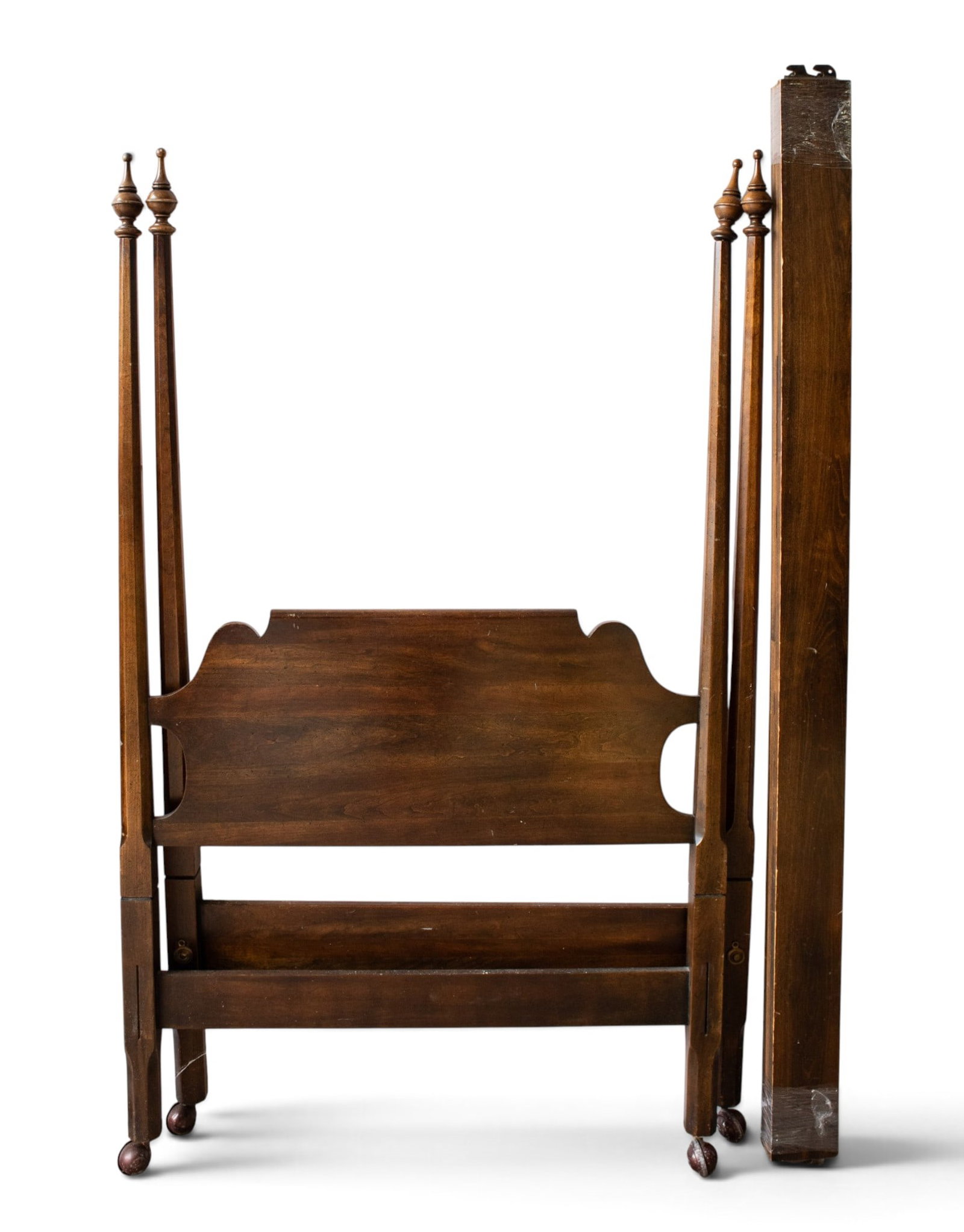 Ashlawn Vintage 4-Poster Twin Bed.: The solid wood 4 poster bed comes with a headboad and a footboard, both of them on casters, and 3 rails. Both the head and foot board are stamped Ashlawn Dec 17, 1970. The headboard measures 41" tall