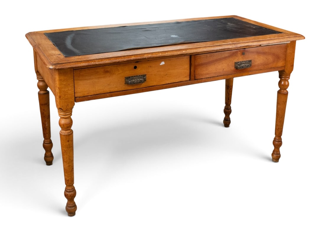 Antique Leather Top Writing Desk.: The desk features turned wood legs, two drawers with ornate brass pulls, and a black leather top, which is peeling off the edges. The piece measures 30" tall, 52" wide, and 25 1/2" deep. There are
