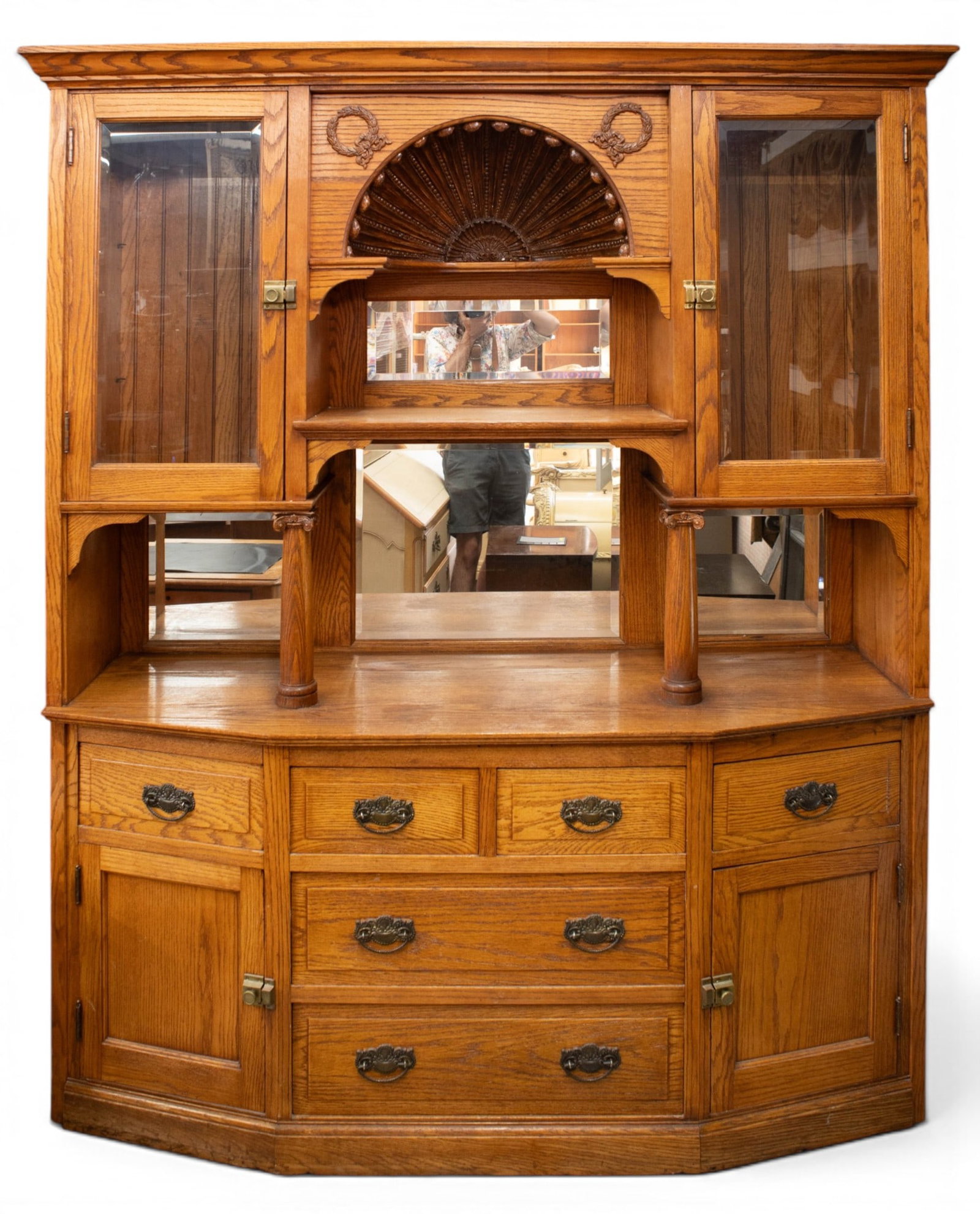Large Golden Oak Carved Buffet or Hutch Cabinet. (1 of 4)