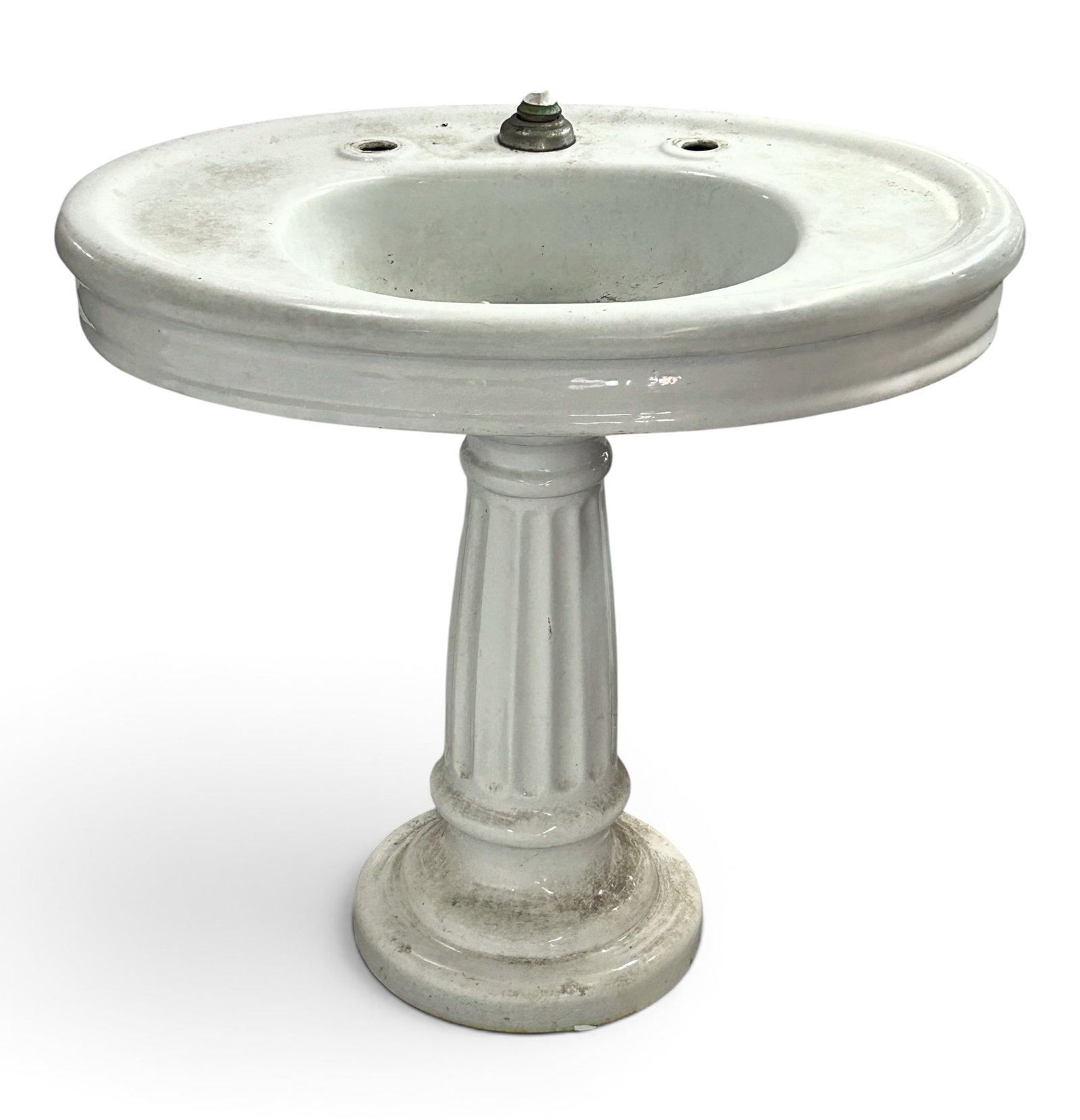 Large Vintage Iron & Porcelain Pedestal Sink.: The heavy sink is composed of cast iron, with a porcelain enameled finish. It has a pedestal column base, and one porcelain knob labeled "Waste". It measures 32 1/2" tall, 33" wide, and 23 1/4" deep. 