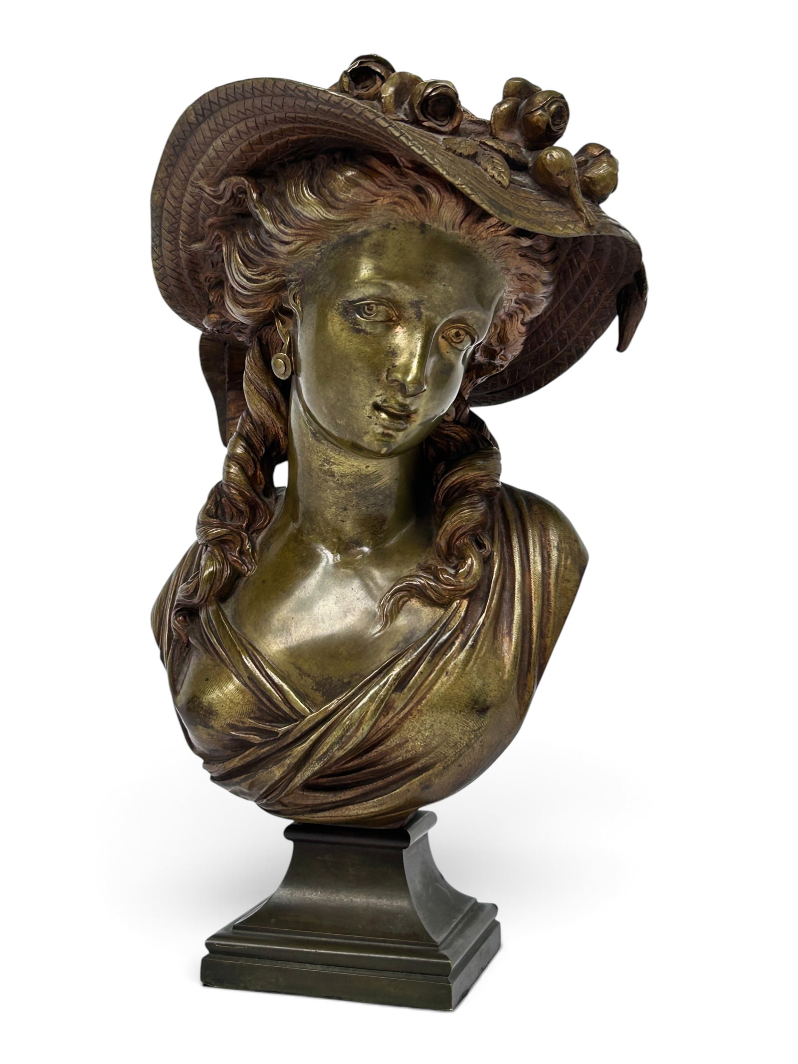 12" Albert-Ernest Carrier Belleuse Bronze Bust.: Whether this piece is by the sculptor or after, we are not sure, but it is finely detailed. The base is slightly wobbly, but overall it presents well. The piece in its entirety measures 7" x 6 1/4" x 