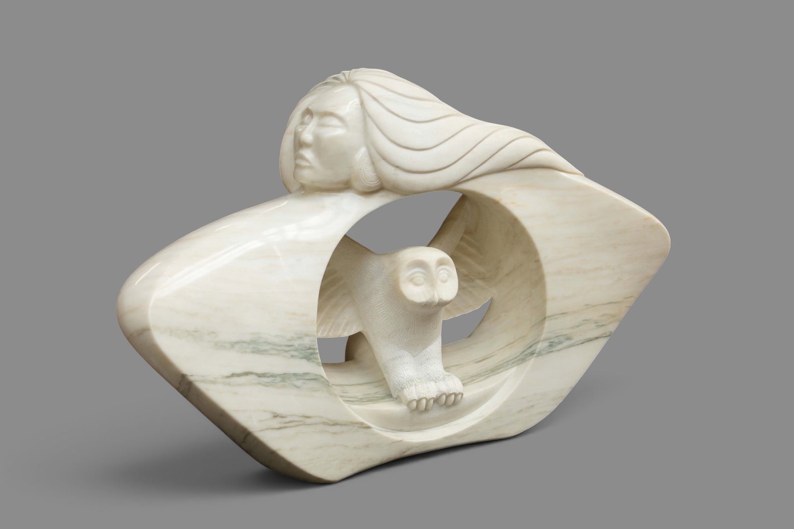 Michel Beauvais Marble Mohawk Indian w/ Owl.: This huge (and heavy) marble sculpture is signed by the artist, and looks to be in very nice condition. The dimensions are 36" x 13" x 24". Third Party Freight Shipping is Required. For the best long