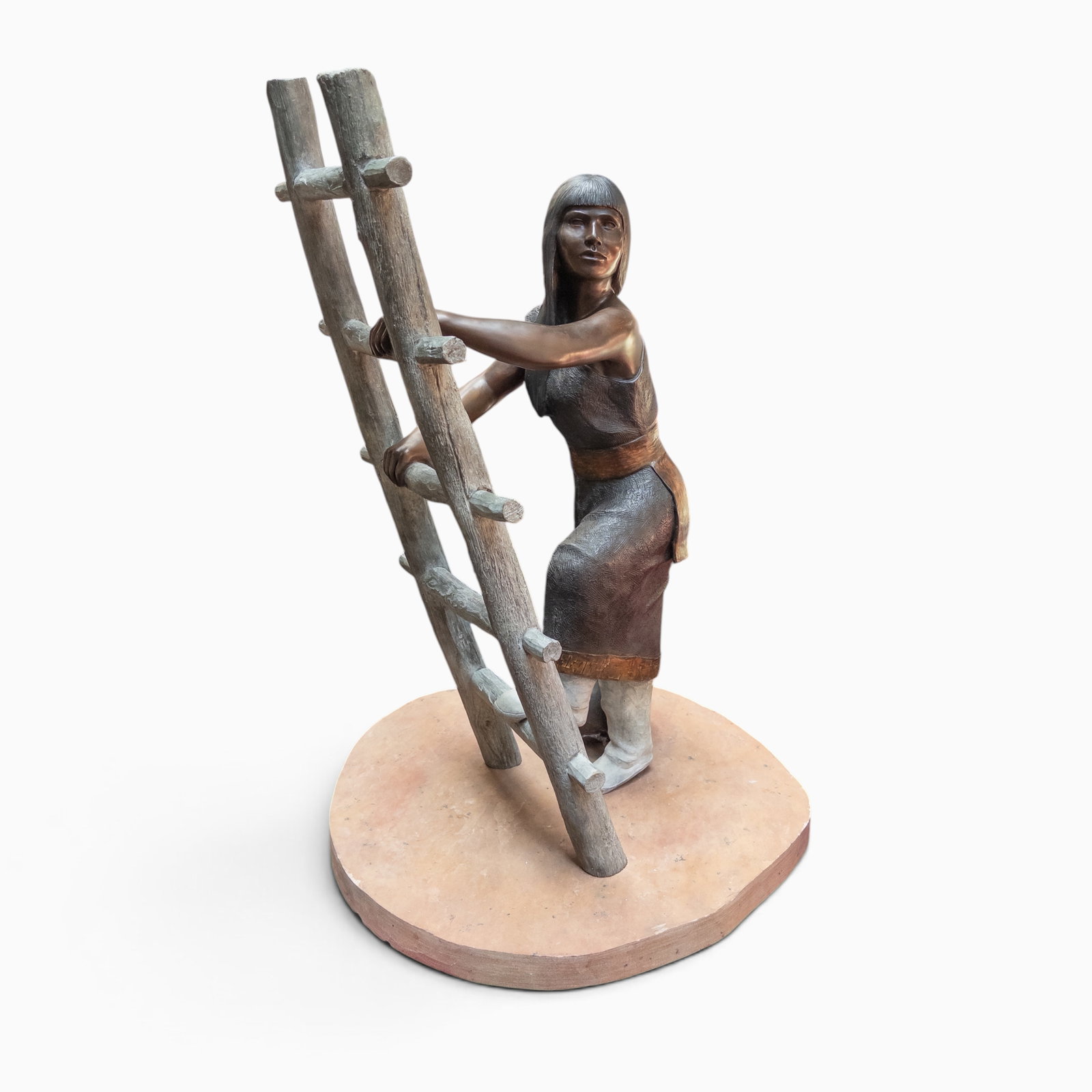 Doug Hyde 38" Bronze of Native Woman w/ Ladder.: It is signed on her skirt, and numbered 4/12. This sculpture looks to be in overall nice cosmetic condition. Total dimensions are 28" x 27" x 38 1/2". Third-party freight shipping or personal pickup