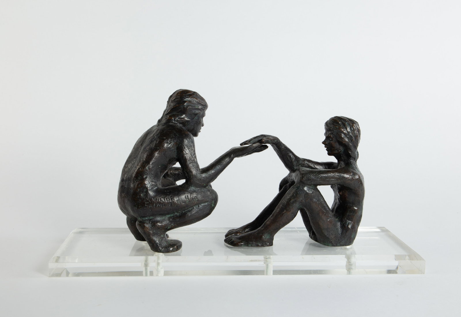 Victor Salmones Bronze Nudes Sculpture on Lucite.: It is signed, "Victor Salmones 4/10" (or 4/70). The stand has some scratches, but overall, this piece presents well. The dimensions are 18 3/8" x 5 5/8" x 9 1/8". In-house shipping is available. To