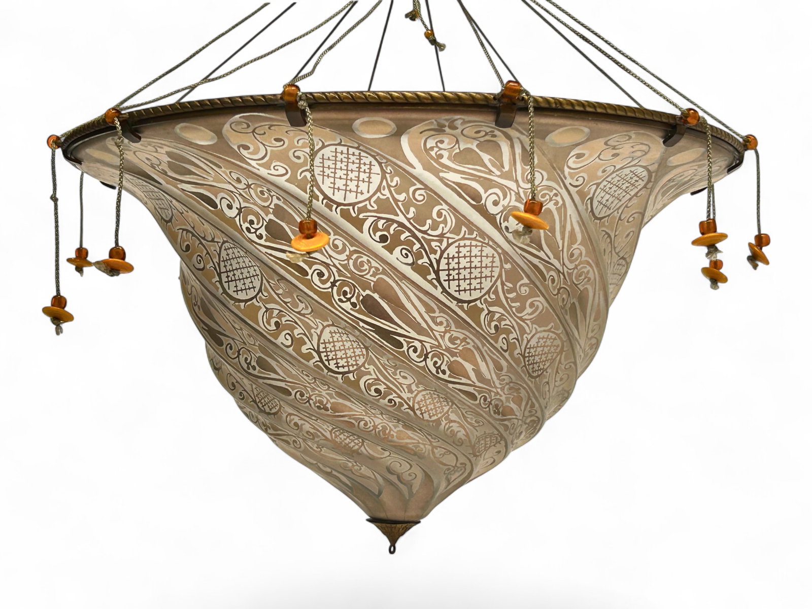 Fortuny "Samarkanda" Glass Pendant Light Fixture.: This hanging ceiling light is painted in shimmery gold tones, and has a silk tassel (will need to be reattached). Overall, the fixture presents well. It measures 15 3/4" X 15 3/4" X 10 3/4". In-house