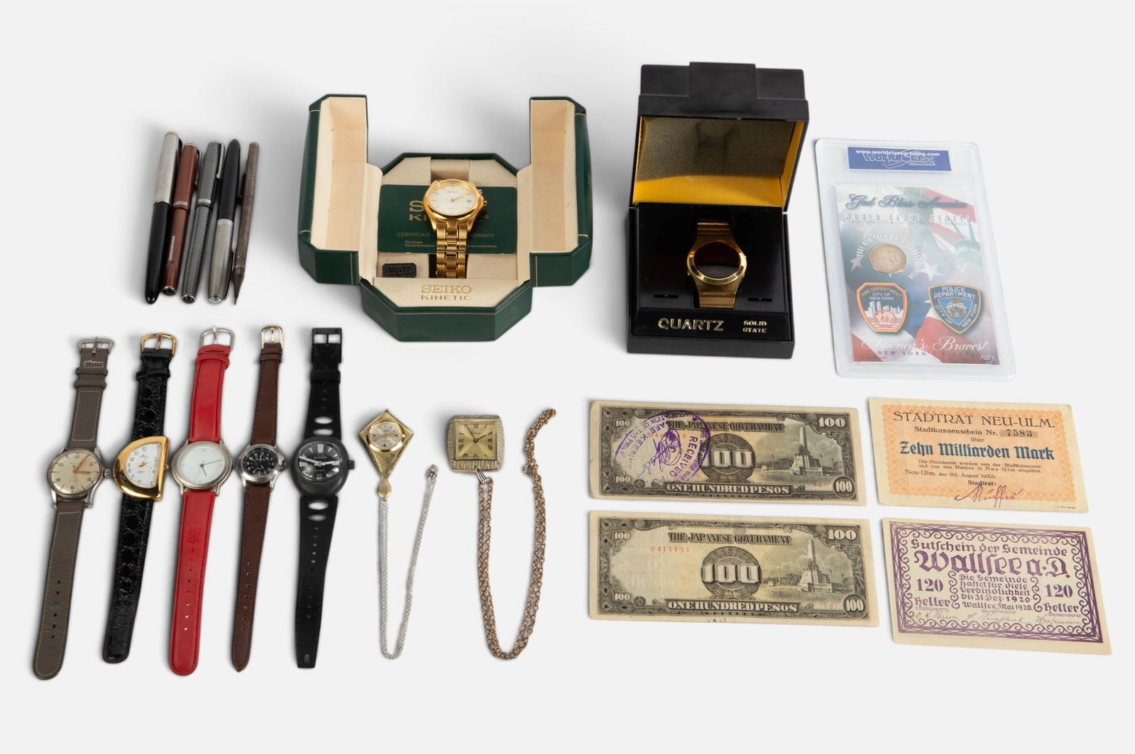 Lot: Vintage Watches, Fountain Pens, Currency.: The lot contains 9 watches, 5 pens, an antique sterling silver Mabie, Todd & Co. mechanical pencil, 2 German bills from the 1920's, 2 Japanese currency notes from the World War II era, and a 2001